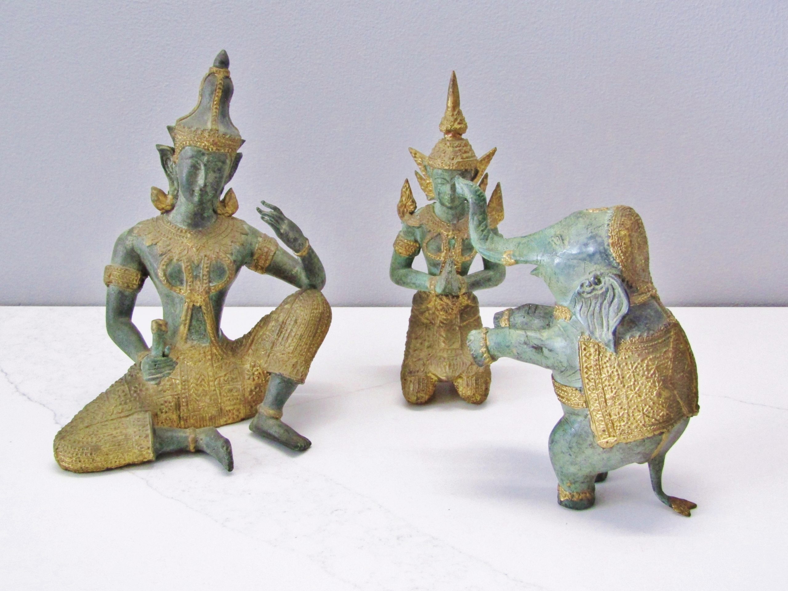 Beautiful Set of Three Thai Bronze Statues with Gold Detail