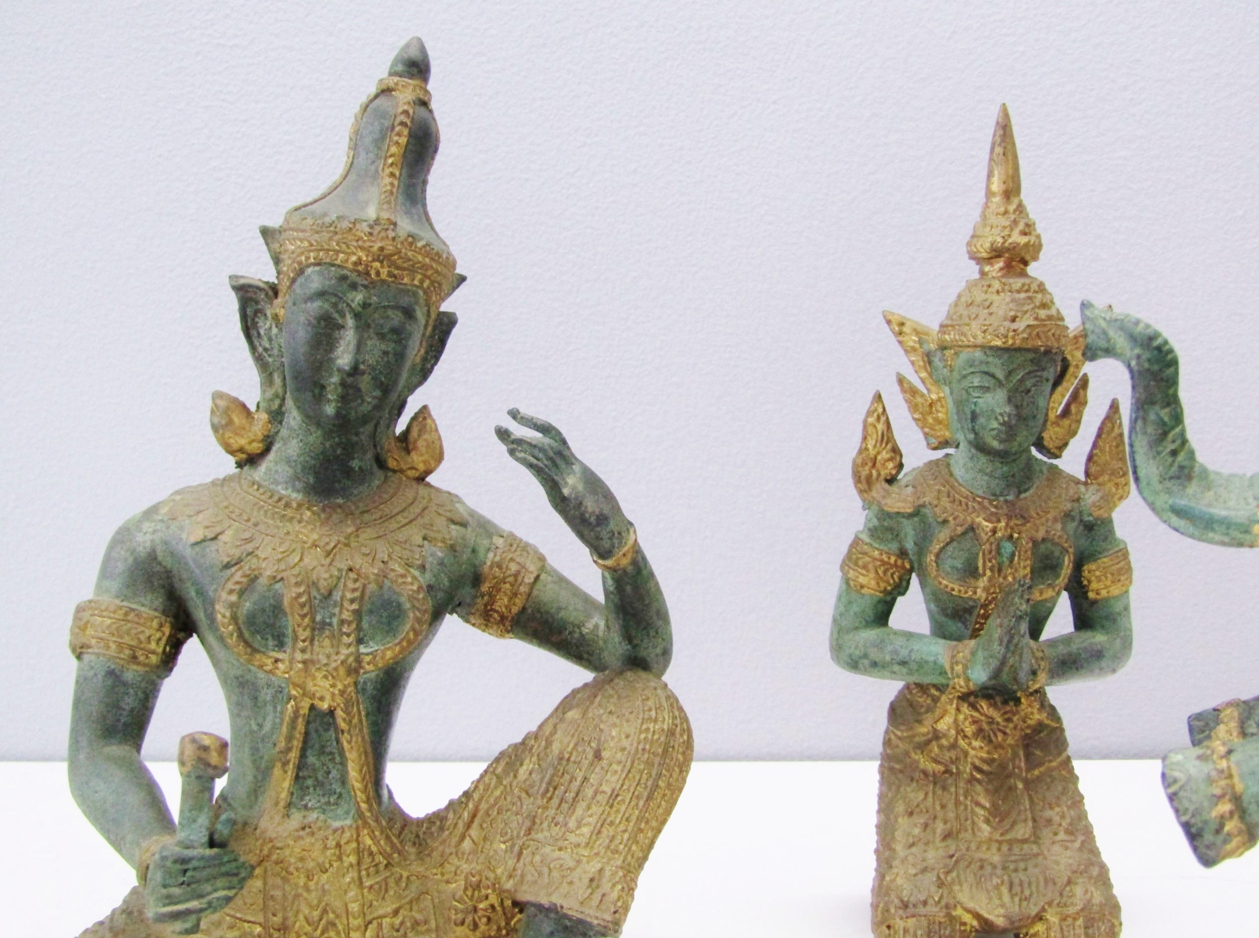 Beautiful Set of Three Thai Bronze Statues with Gold Detail