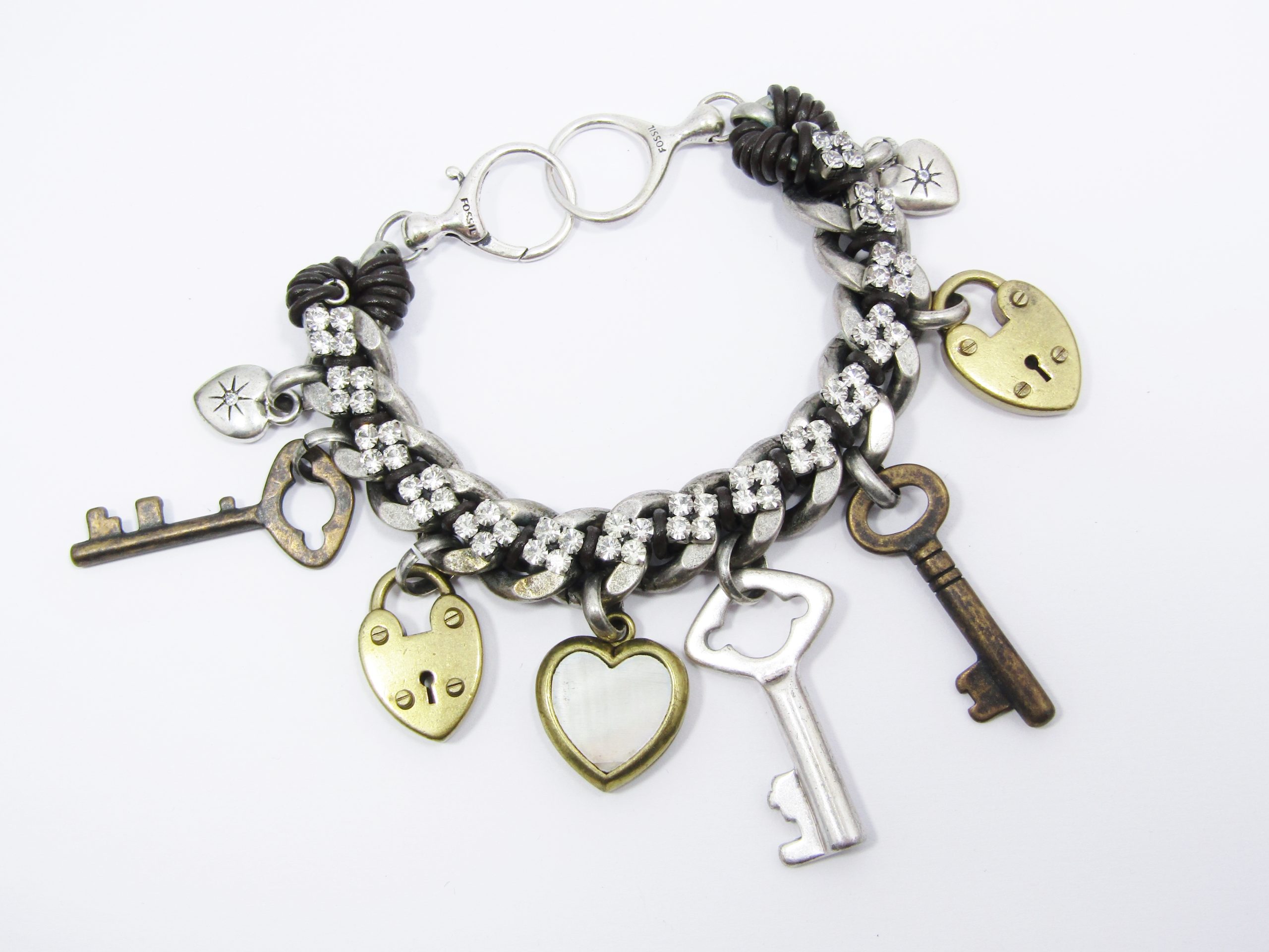Stunning Chunky Silver Tone Fossil Padlock and Key Zirconia Bracelet