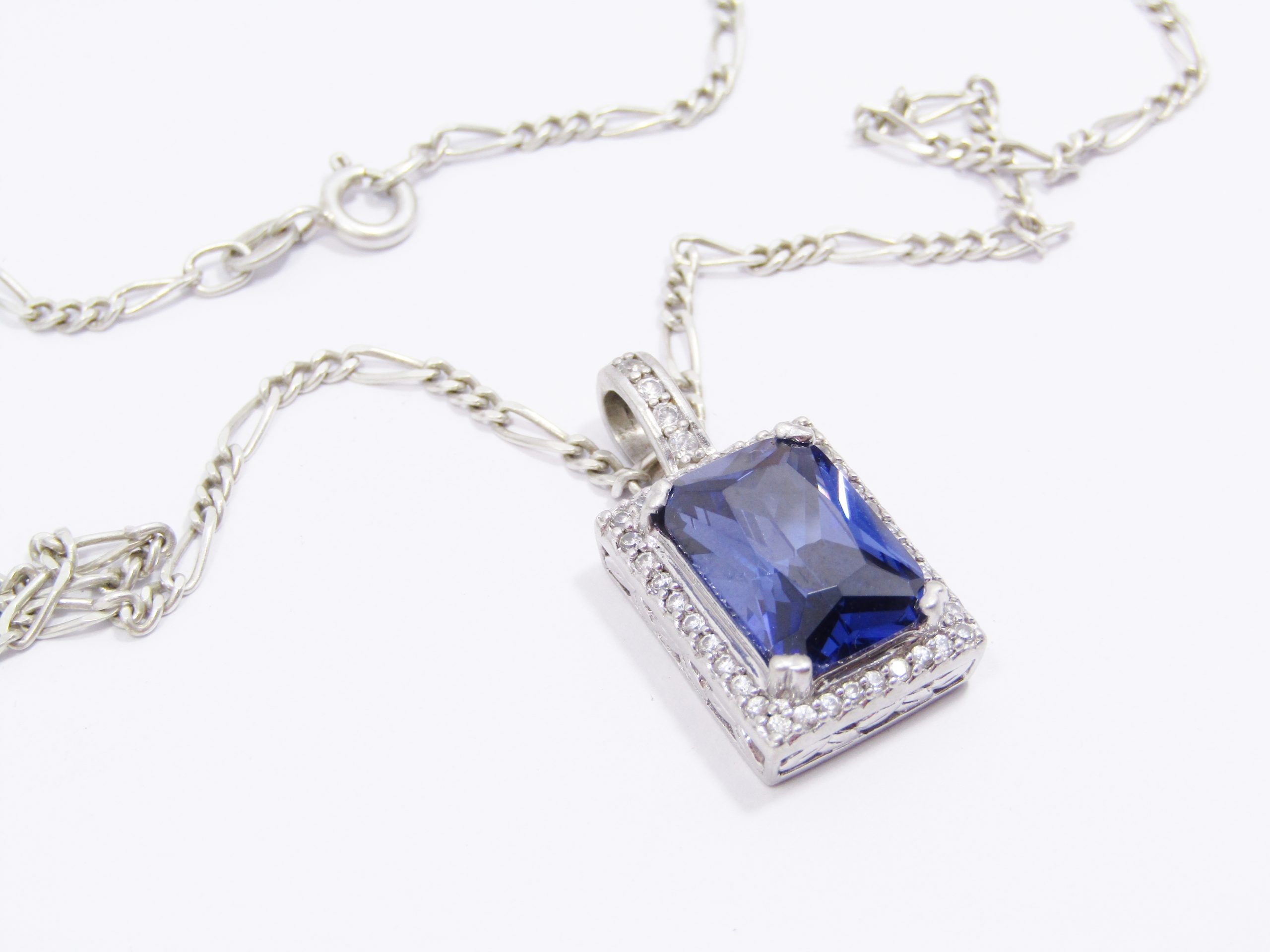 A Lovely Royal Blue Zirconia Pendant on Chain in Sterling Silver.