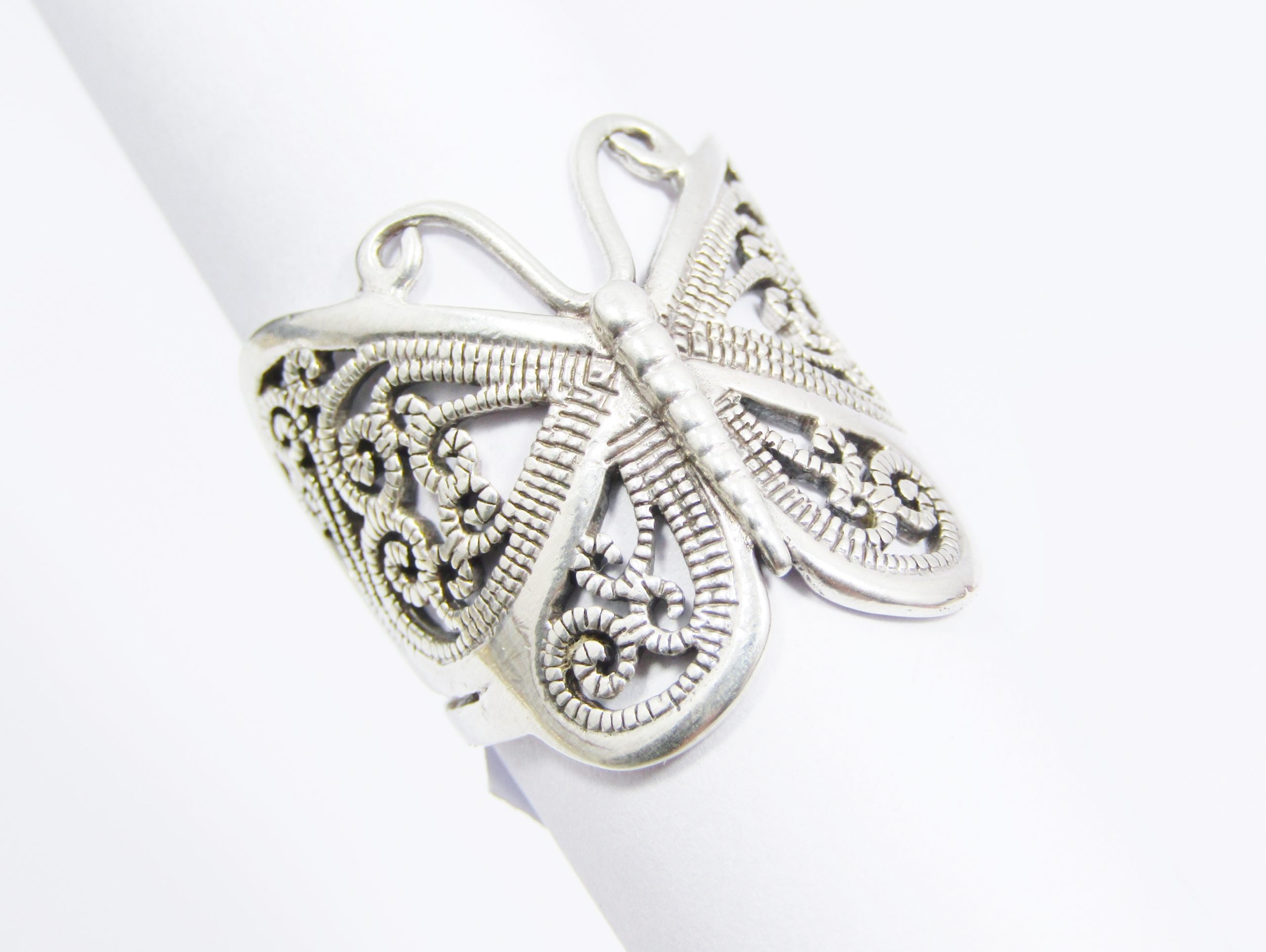 A Lovely Broad Filigree Butterfly Ring in Sterling Silver