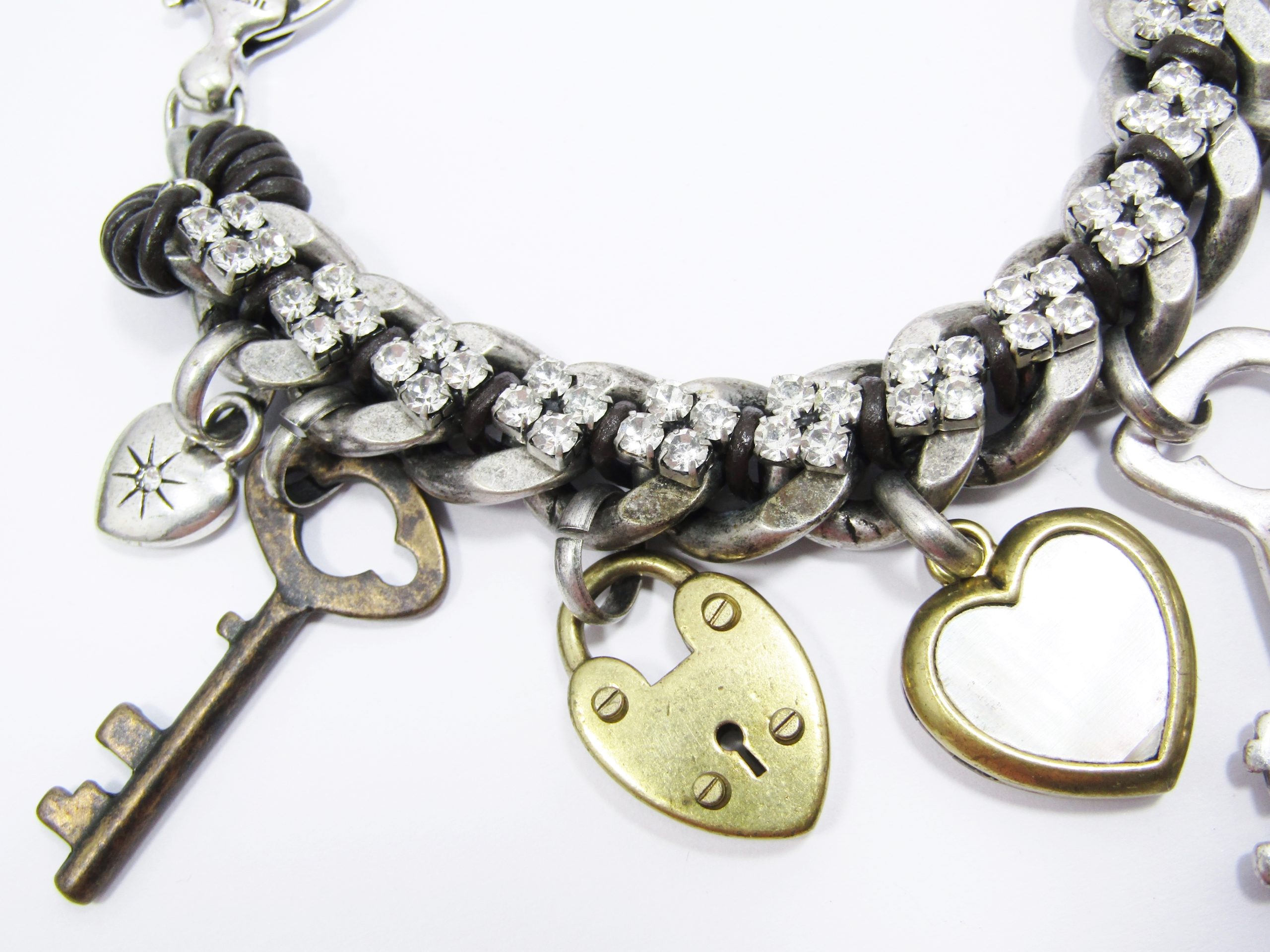 Stunning Chunky Silver Tone Fossil Padlock and Key Zirconia Bracelet