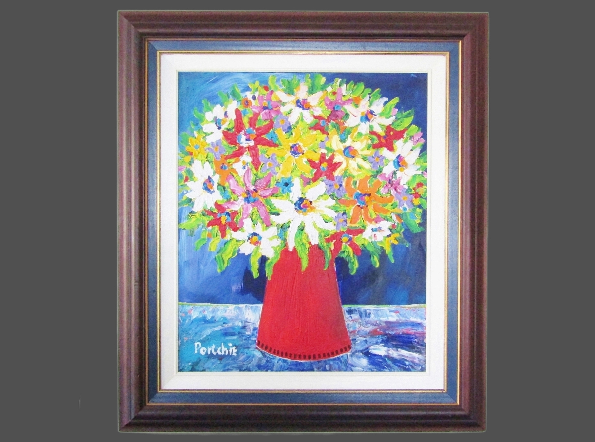 HUGE Original Portchie (1963-2026) Painting "Flowers in Red Pot"