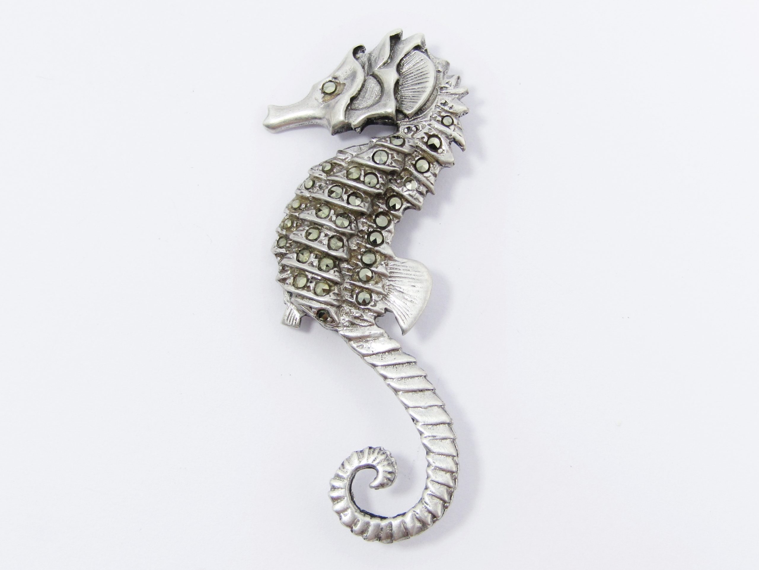 A Stunning Large Vintage Design Marcasite Sea Horse Brooch in Sterling Silver