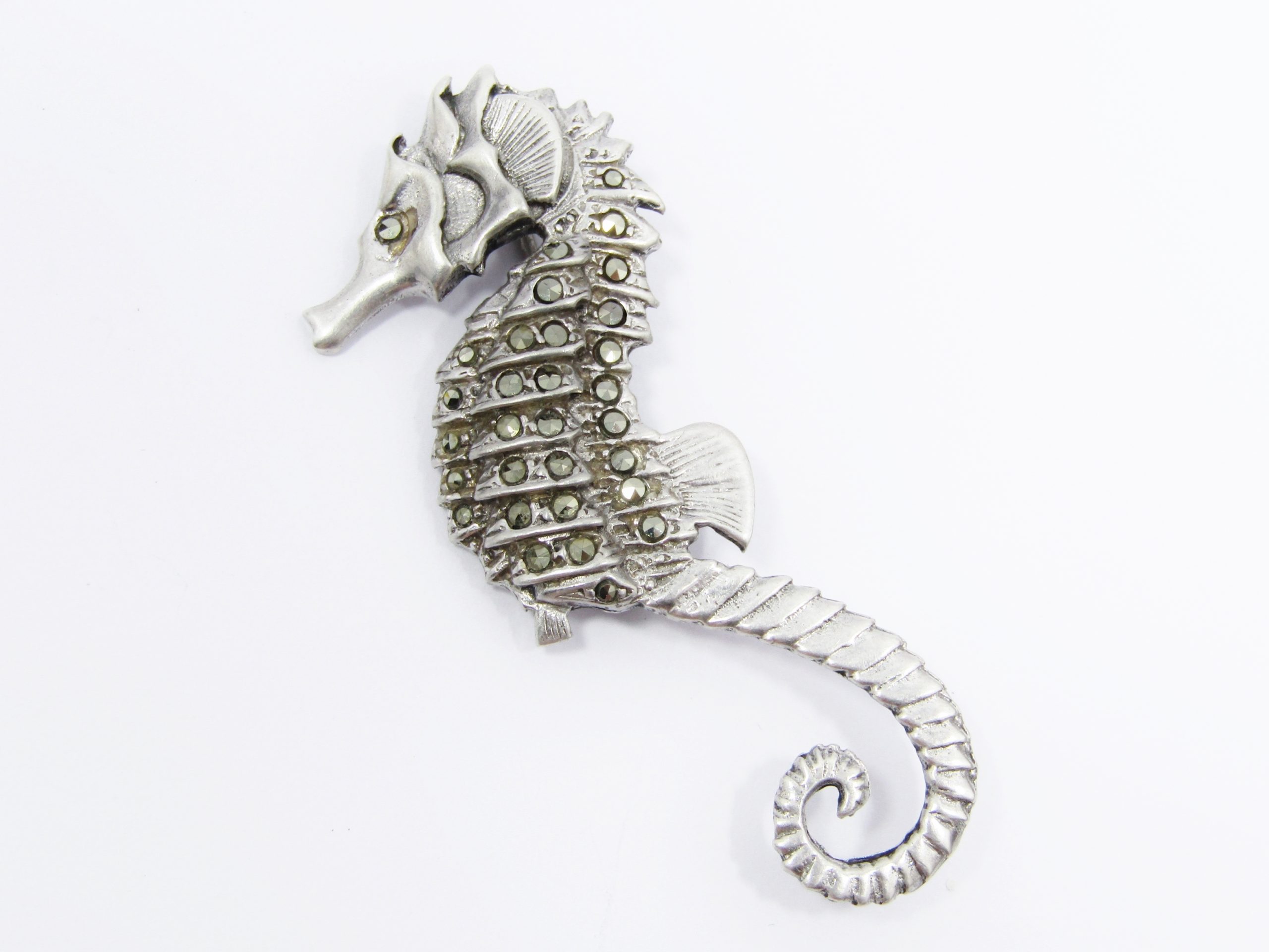 A Stunning Large Vintage Design Marcasite Sea Horse Brooch in Sterling Silver