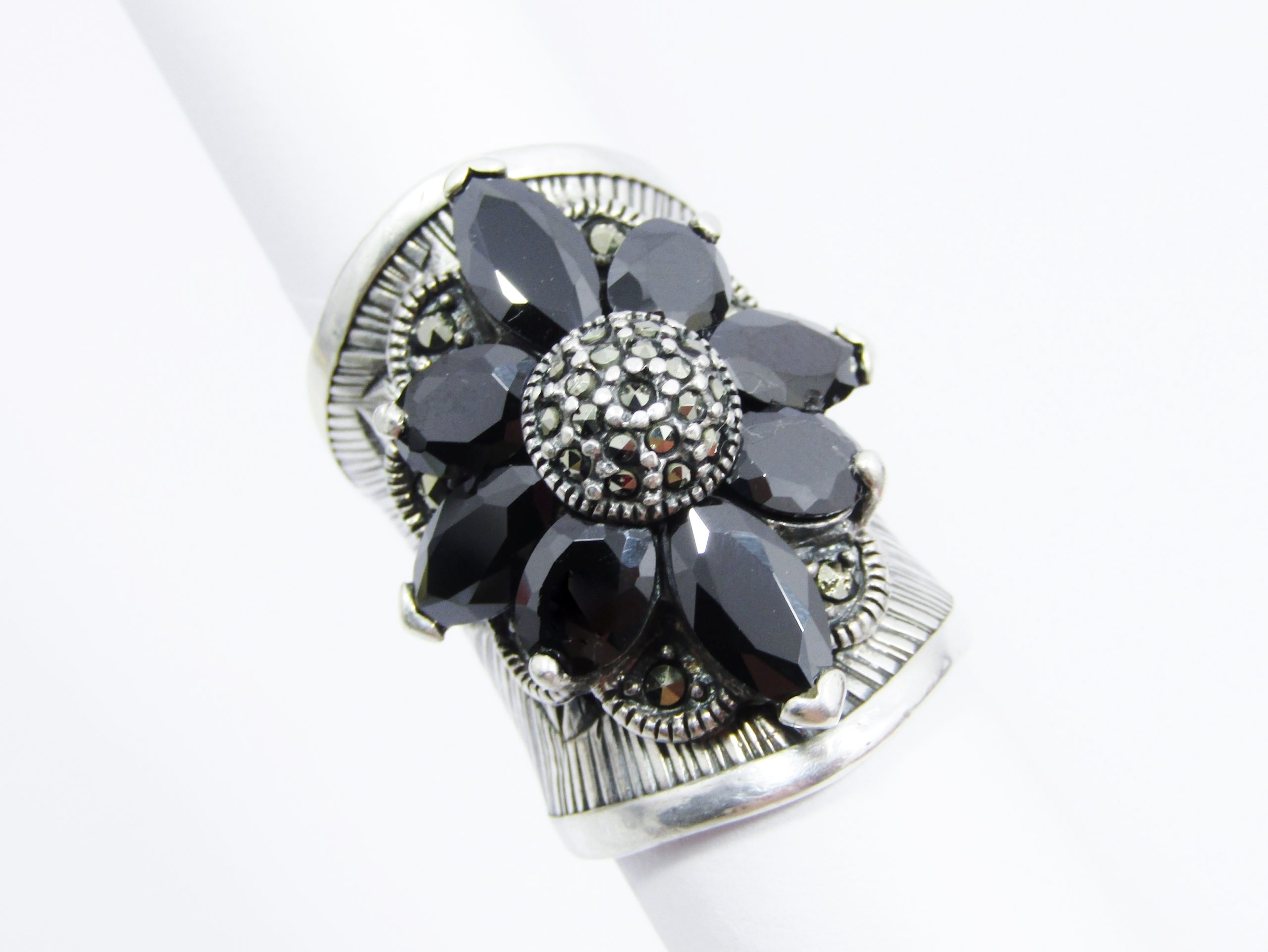 A Gorgeous Broad Black Stone Flower Ring in Sterling Silver