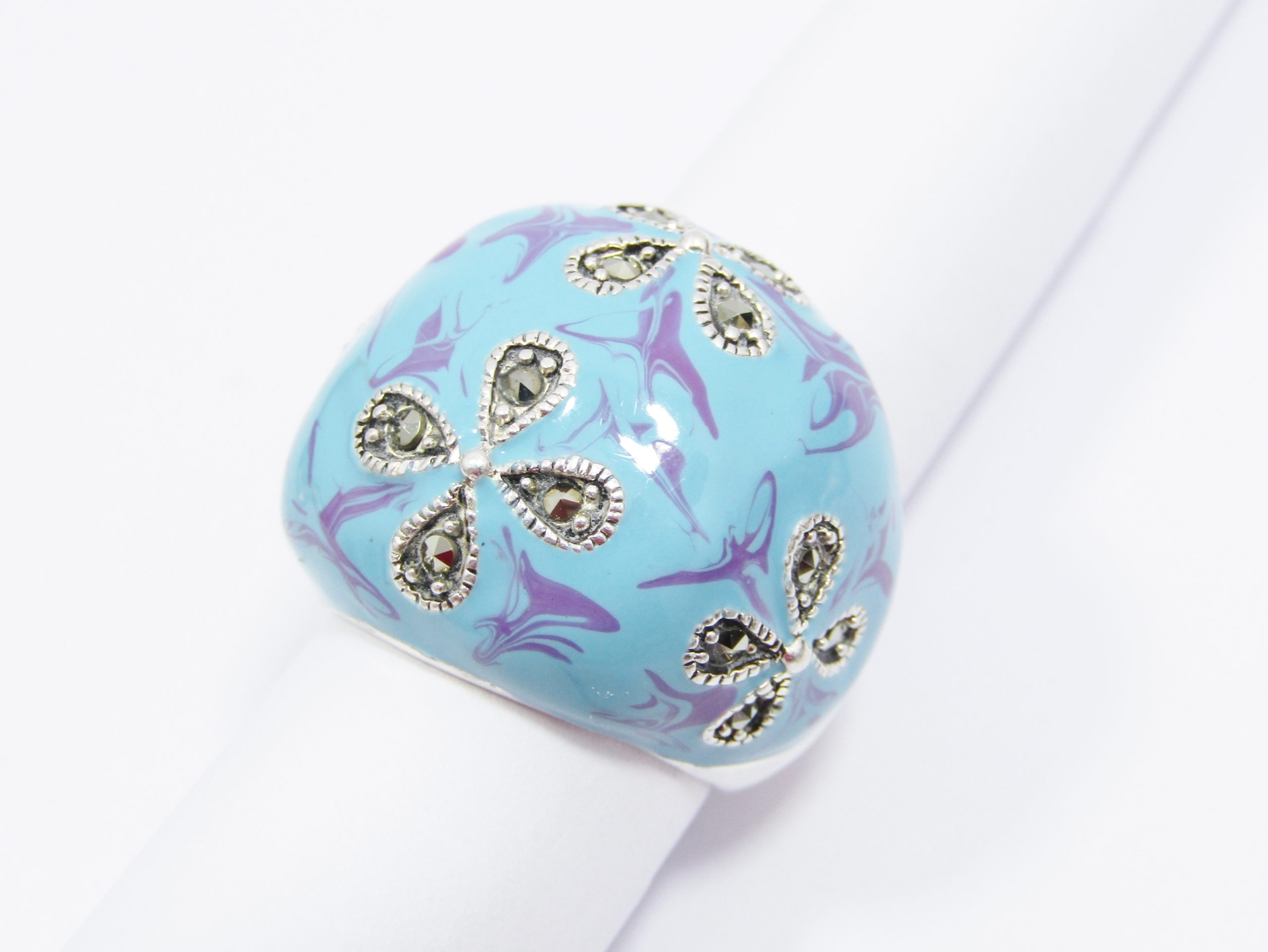 A Magnificent Enamel and Marcasite Ring in Sterling Silver