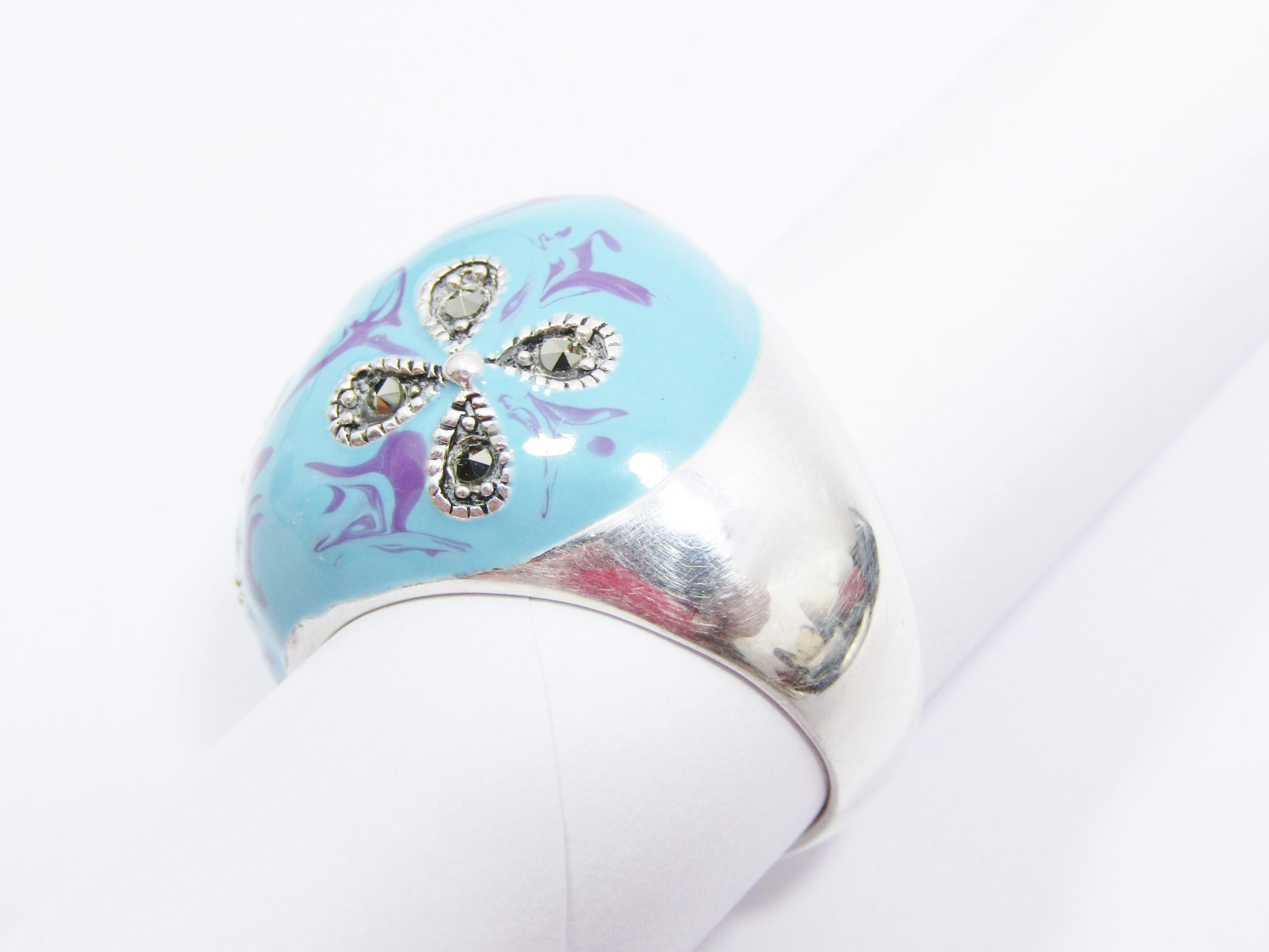 A Magnificent Enamel and Marcasite Ring in Sterling Silver