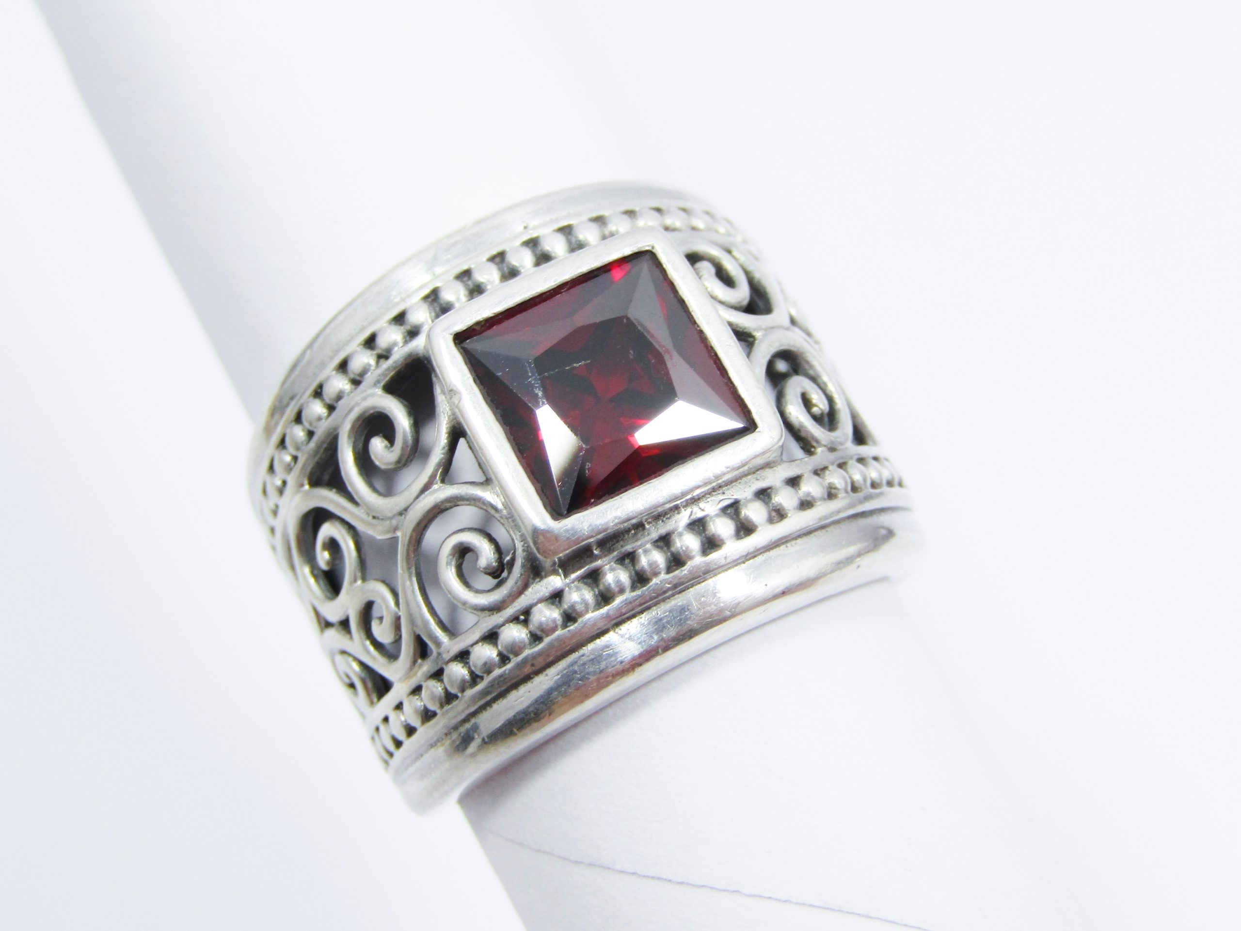 A Lovely Broad Red Stone Zirconia Ring in Sterling Silver