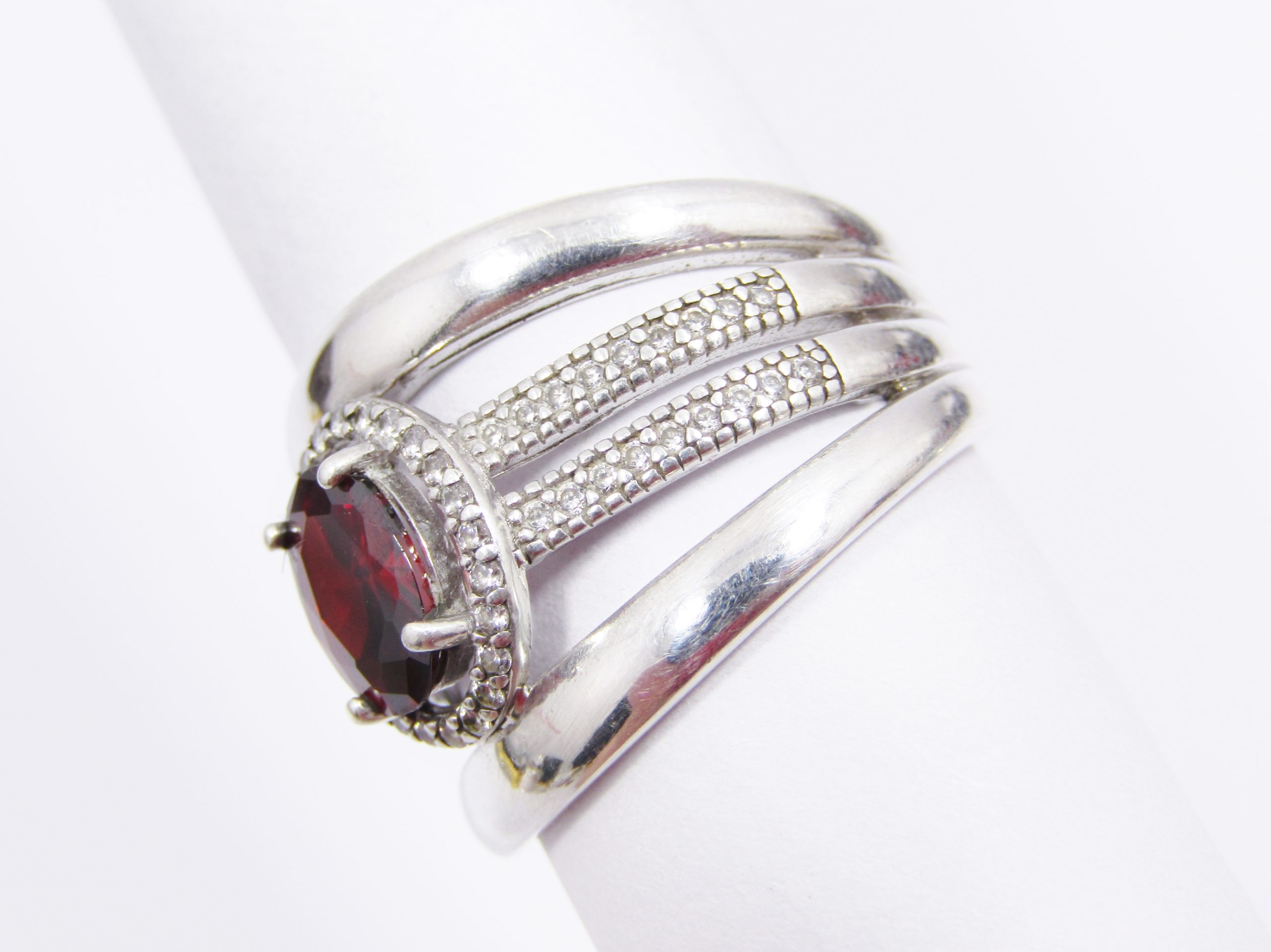 A Stunning Four Band into one Red Stone Ring with tiny Zirconia's for Sparkle in Sterling Silver