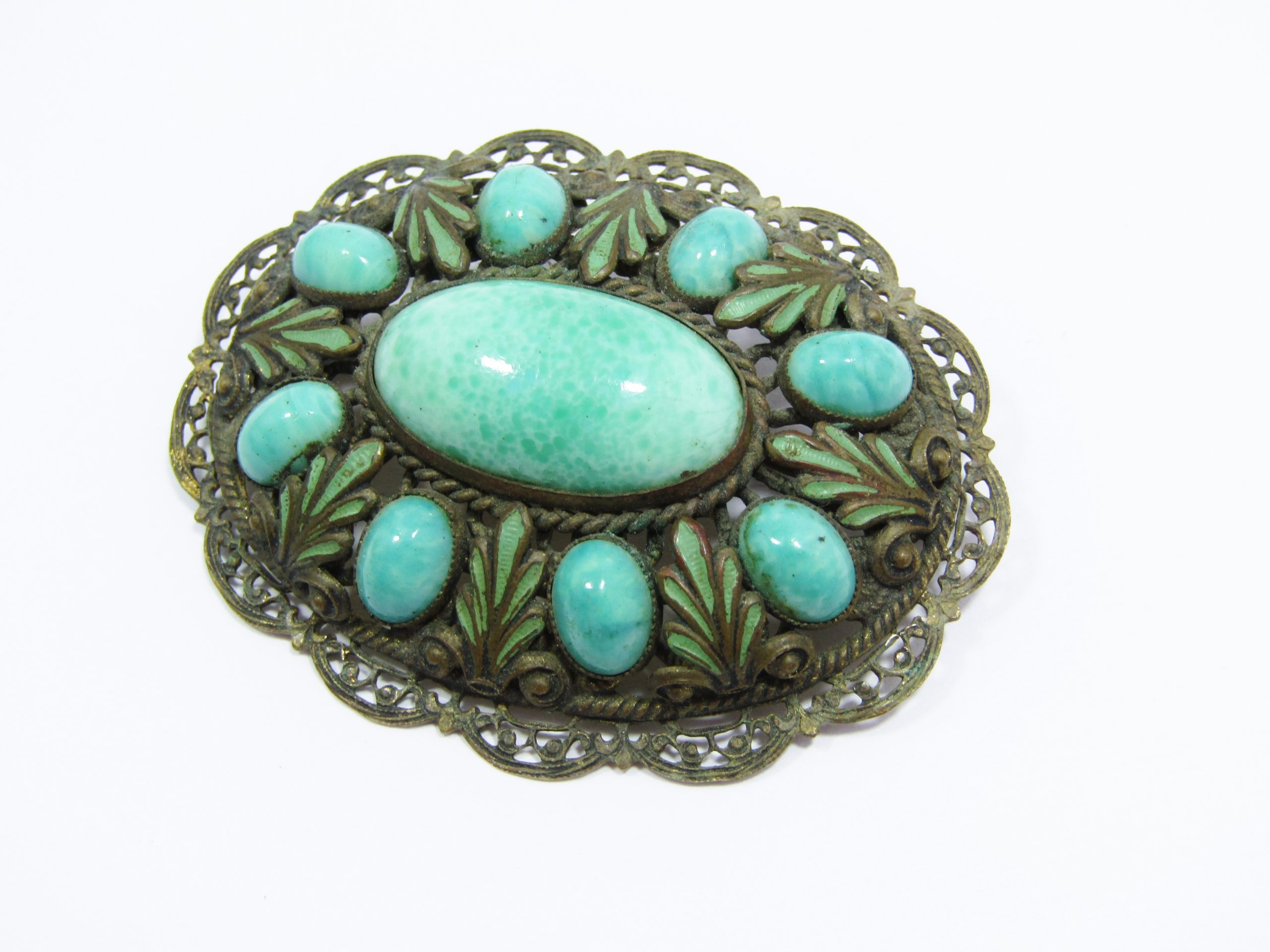 Gorgeous Large Czech Brooch with Green Stones