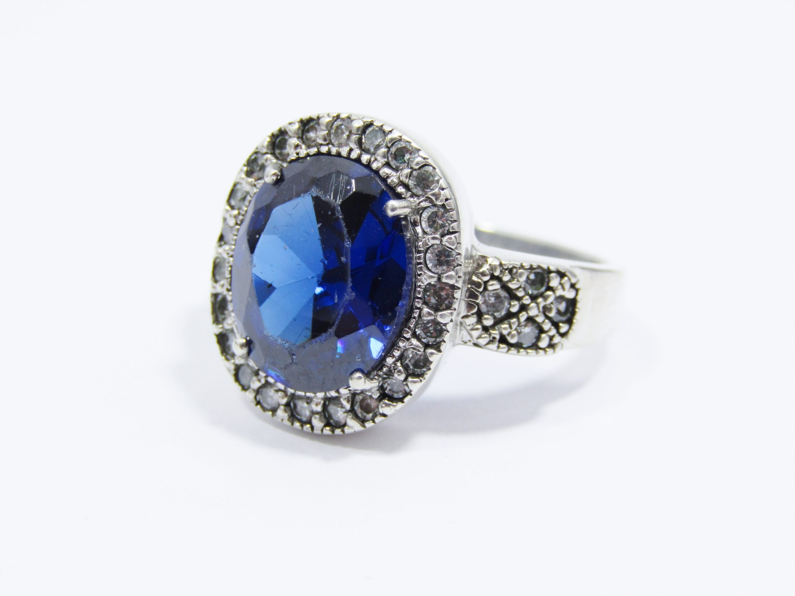 A Gorgeous Chunky Royal Blue Halo Design Zirconia Ring in Sterling Silver