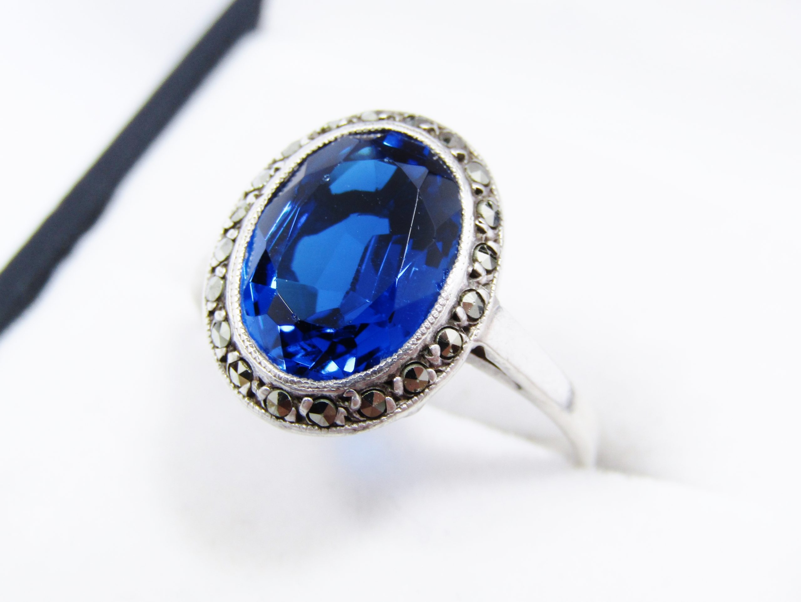 Beautiful Vintage French Silver, Blue Paste & Marcasite Ring