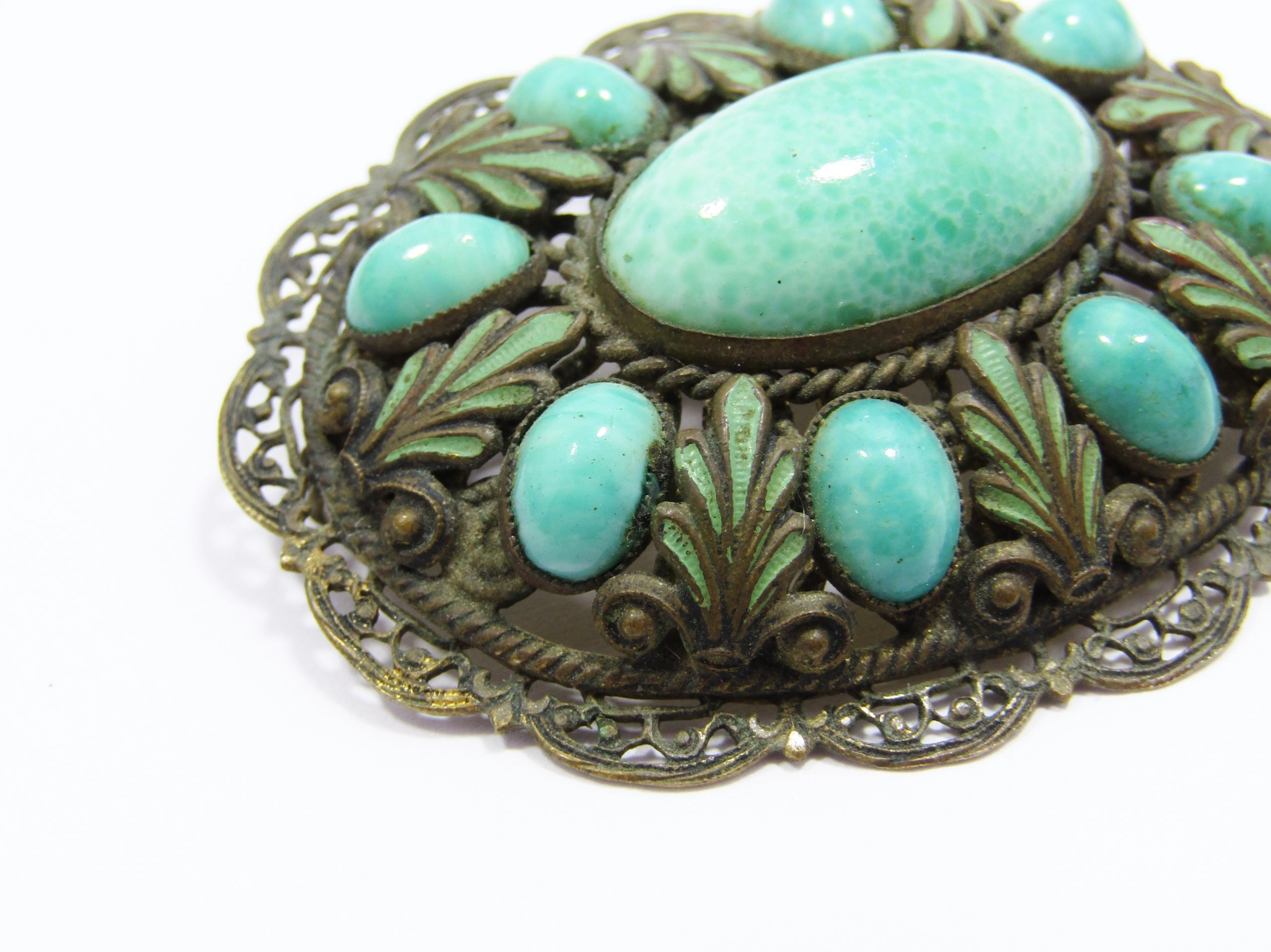 Gorgeous Large Czech Brooch with Green Stones