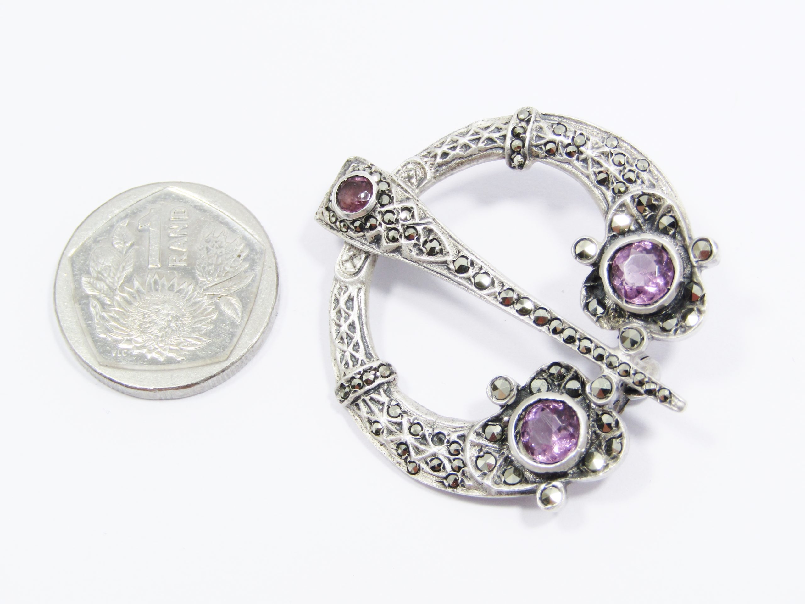 A Gorgeous Vintage Design Amethyst and Marcasite Brooch in Sterling Silver
