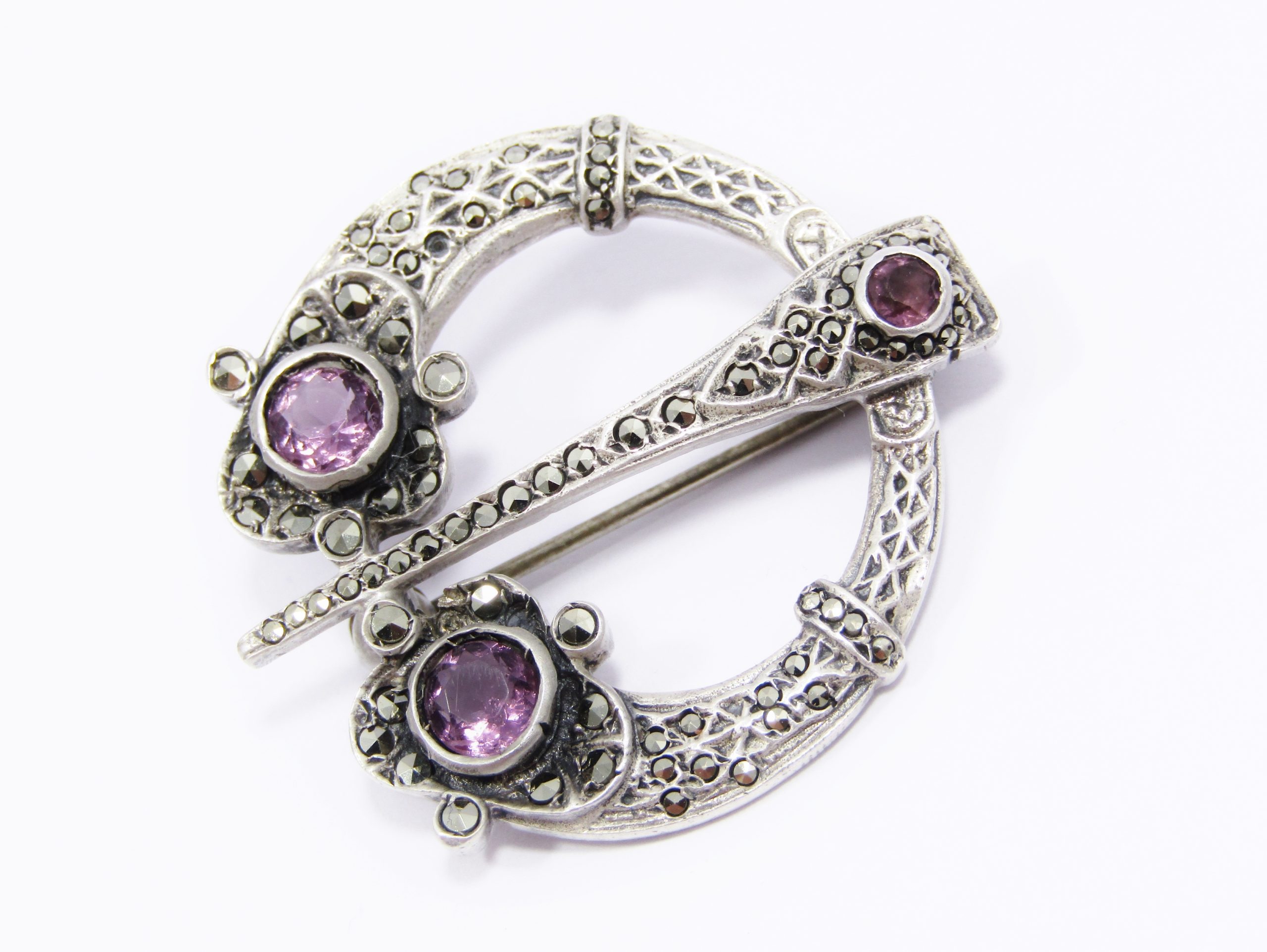A Gorgeous Vintage Design Amethyst and Marcasite Brooch in Sterling Silver