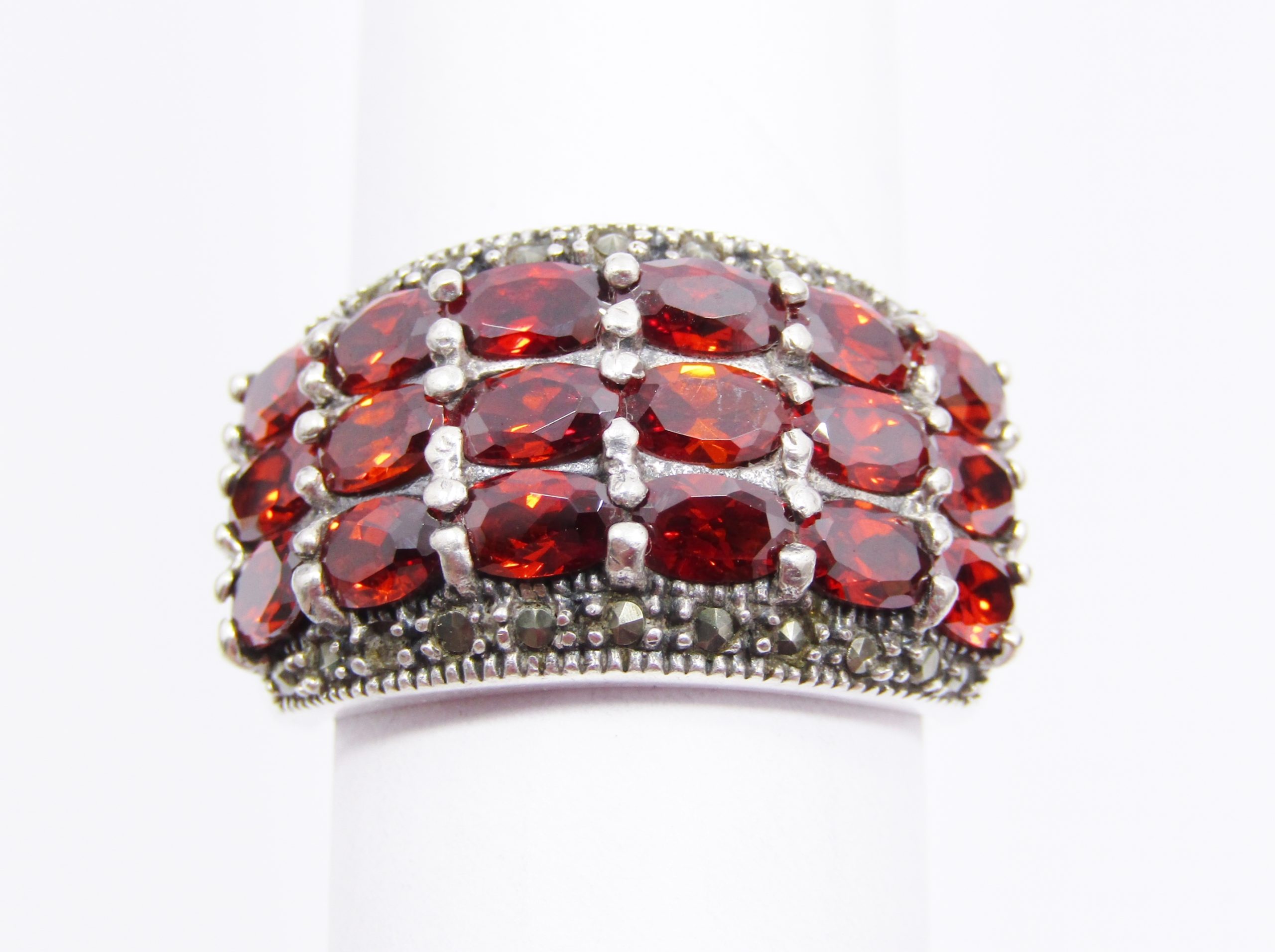 A Lovely Broad Red Zirconia Ring with Marcasite's in Sterling Silver