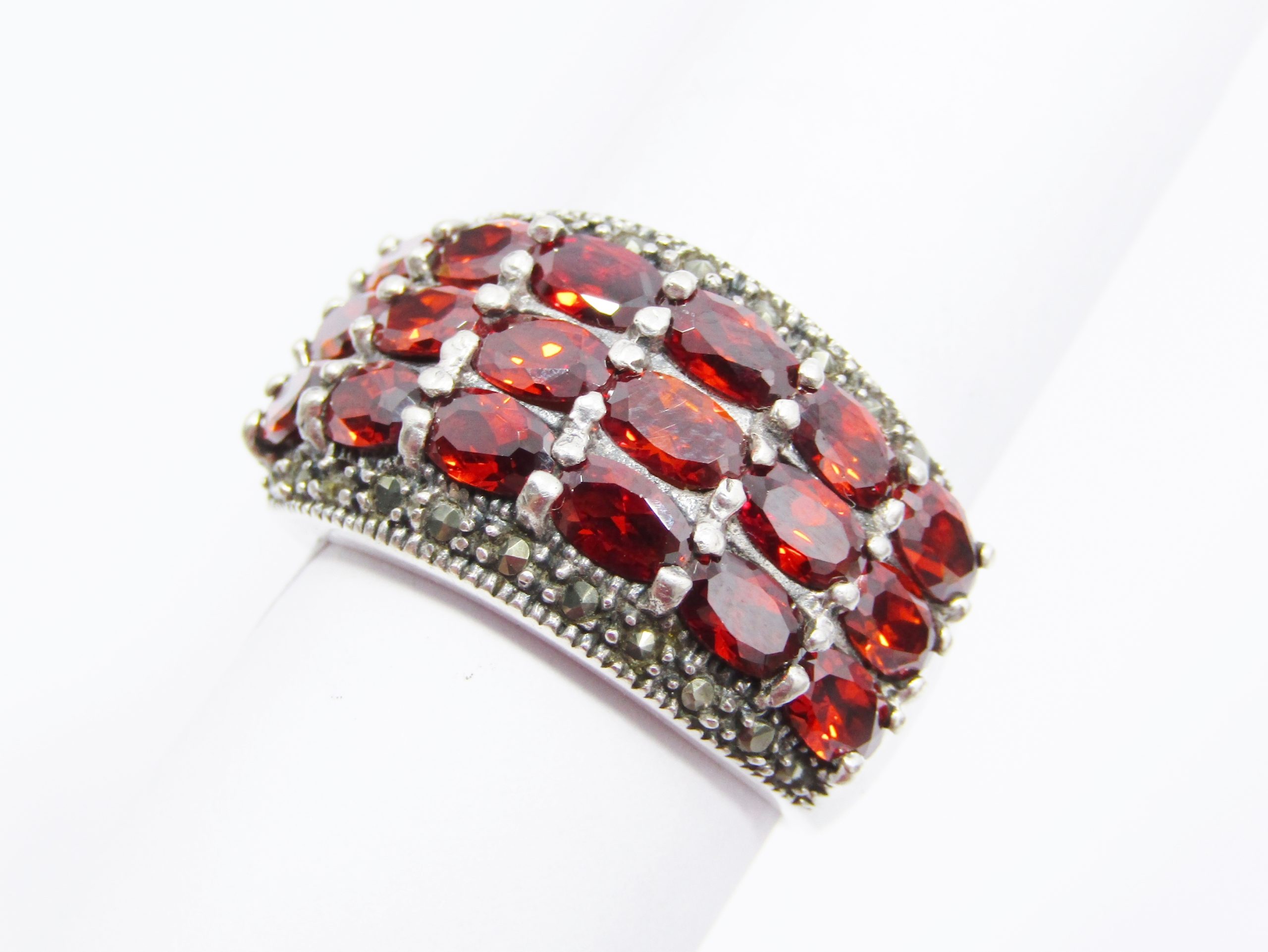 A Lovely Broad Red Zirconia Ring with Marcasite's in Sterling Silver