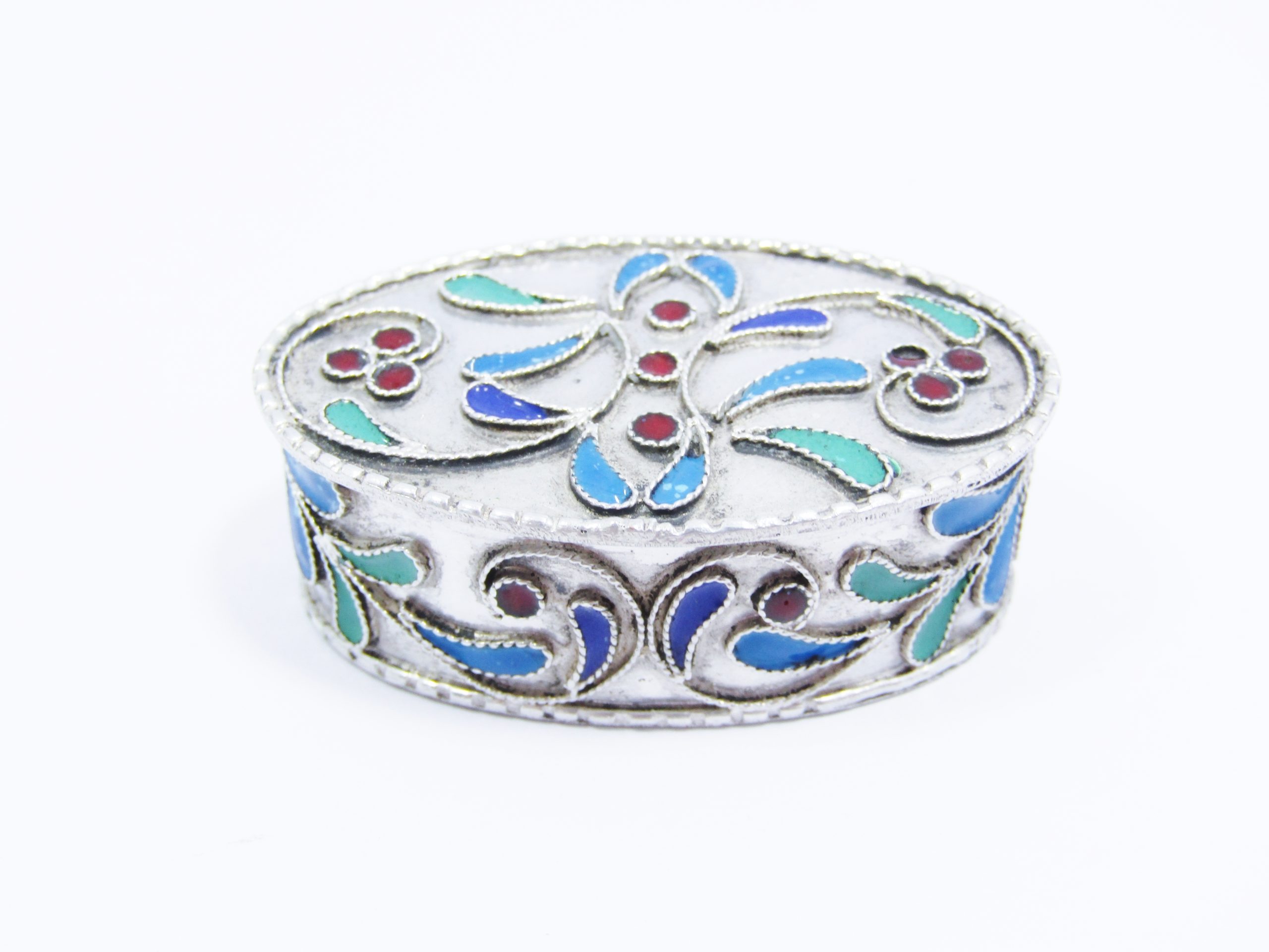 A Gorgeous  Enamel Inlay Pillbox in Pure  Silver
