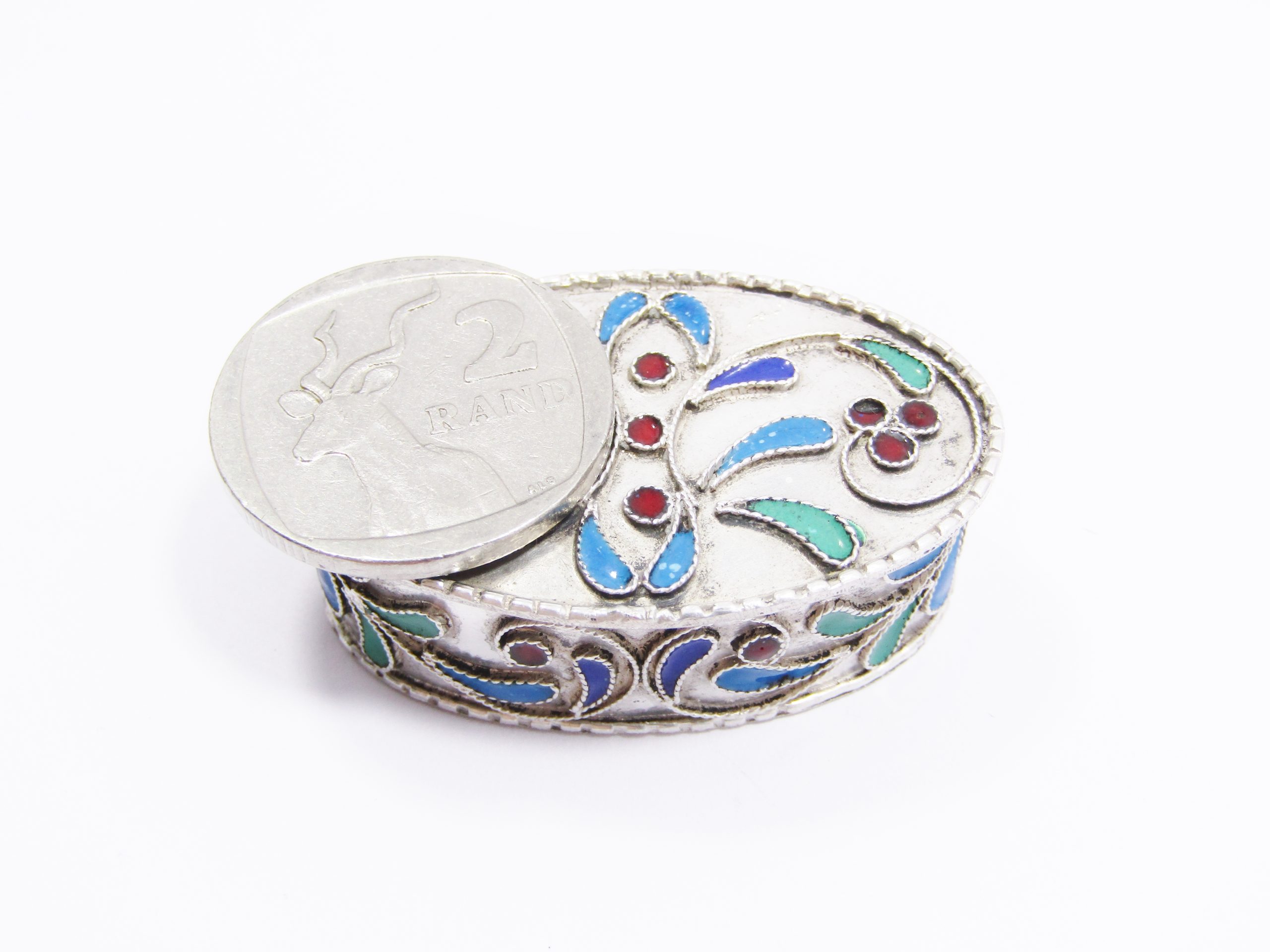 A Gorgeous  Enamel Inlay Pillbox in Pure  Silver