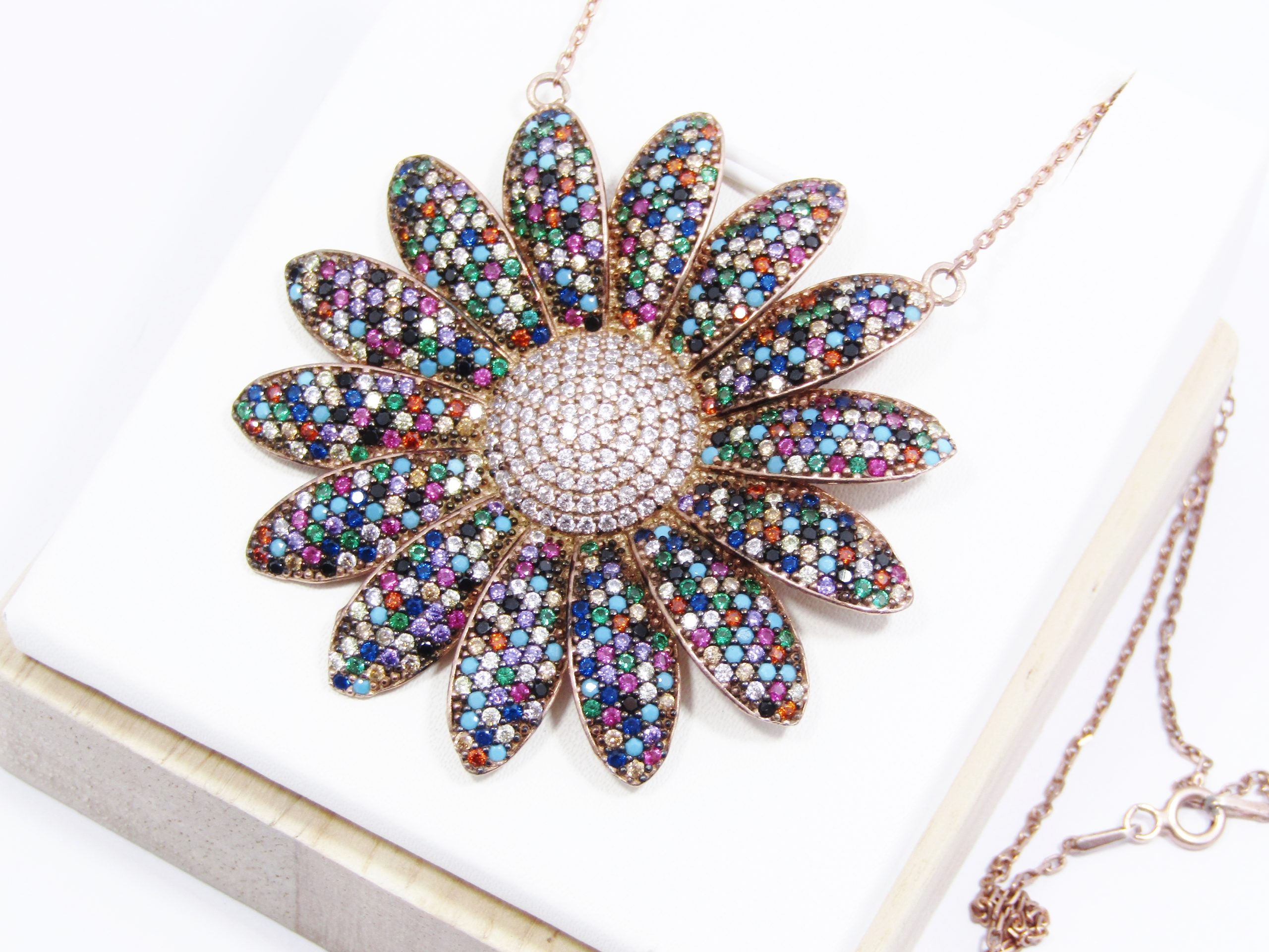 A Gorgeous Large Rose Gold Plated Over Sterling Silver Flower Zirconia Pendant on Chain