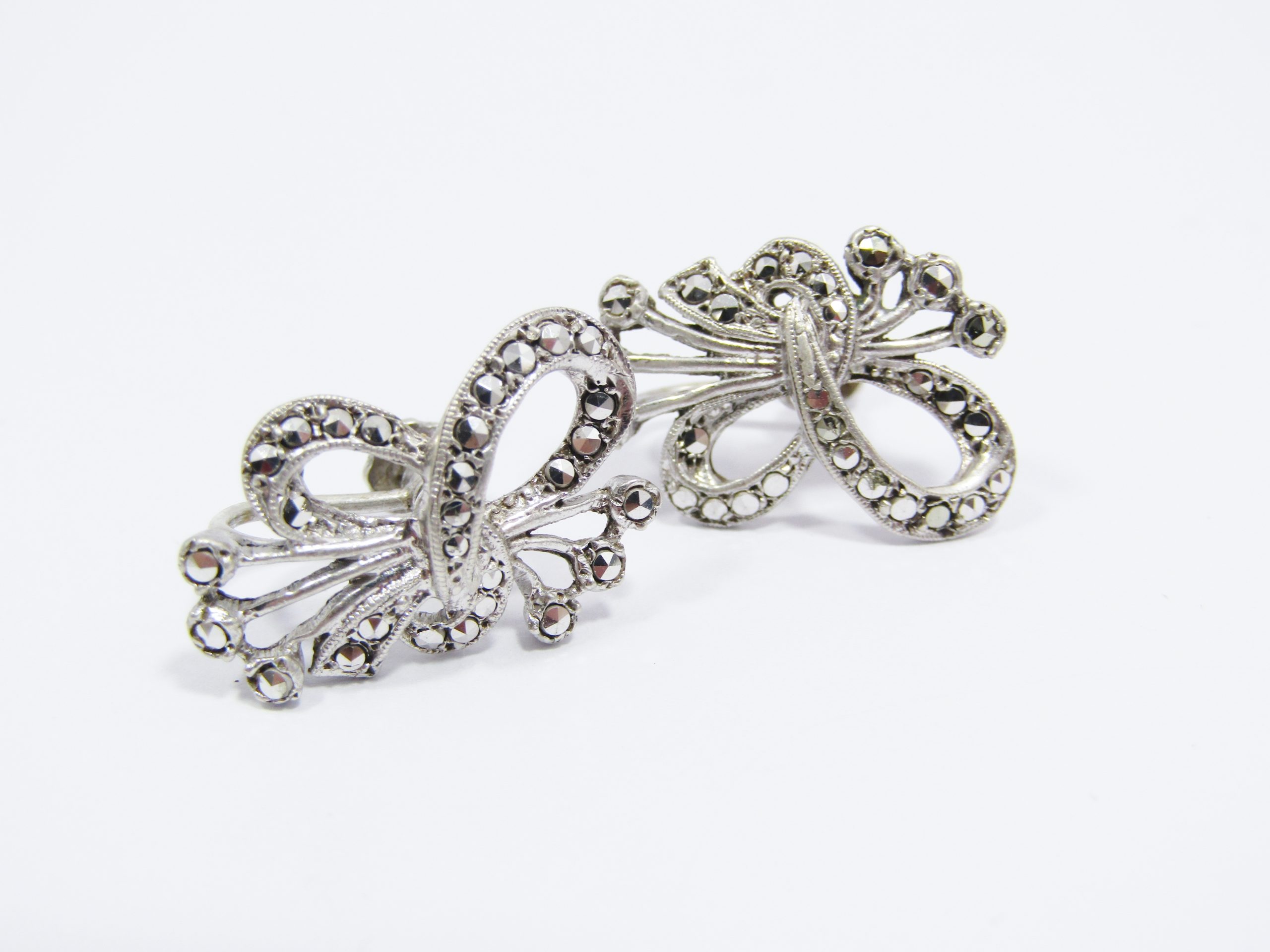 A Gorgeous Pair of Ribbon Design Screw Back Vintage Marcasite Earrings in Sterling Silver