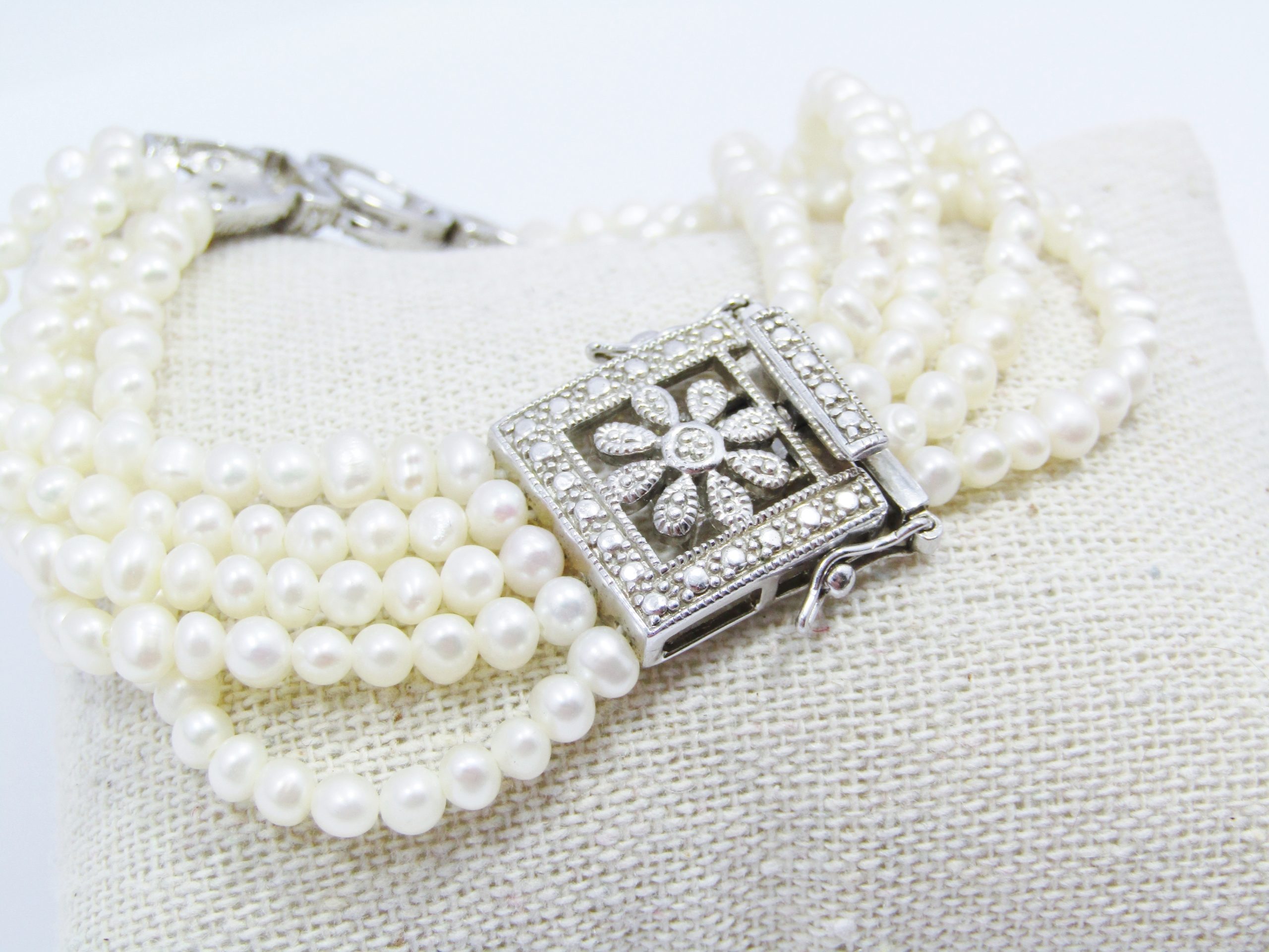 Multi Fresh Water Pearl Bracelet Encrusted with Tiny Crystals in Sterling Silver