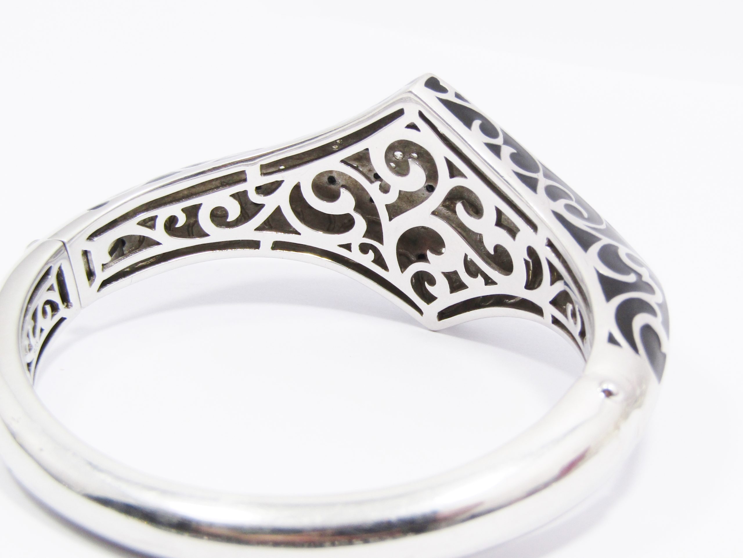 A Magnificent Chunky Black Enamel Designer Hinged Bangle in Sterling Silver