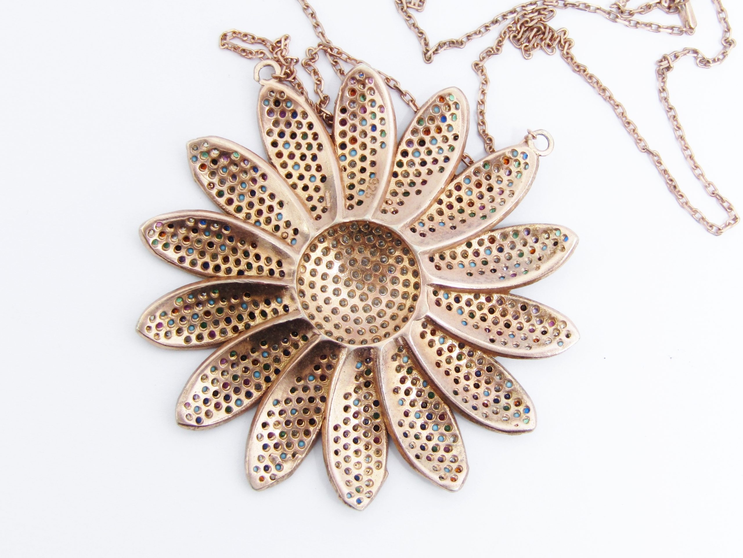 A Gorgeous Large Rose Gold Plated Over Sterling Silver Flower Zirconia Pendant on Chain