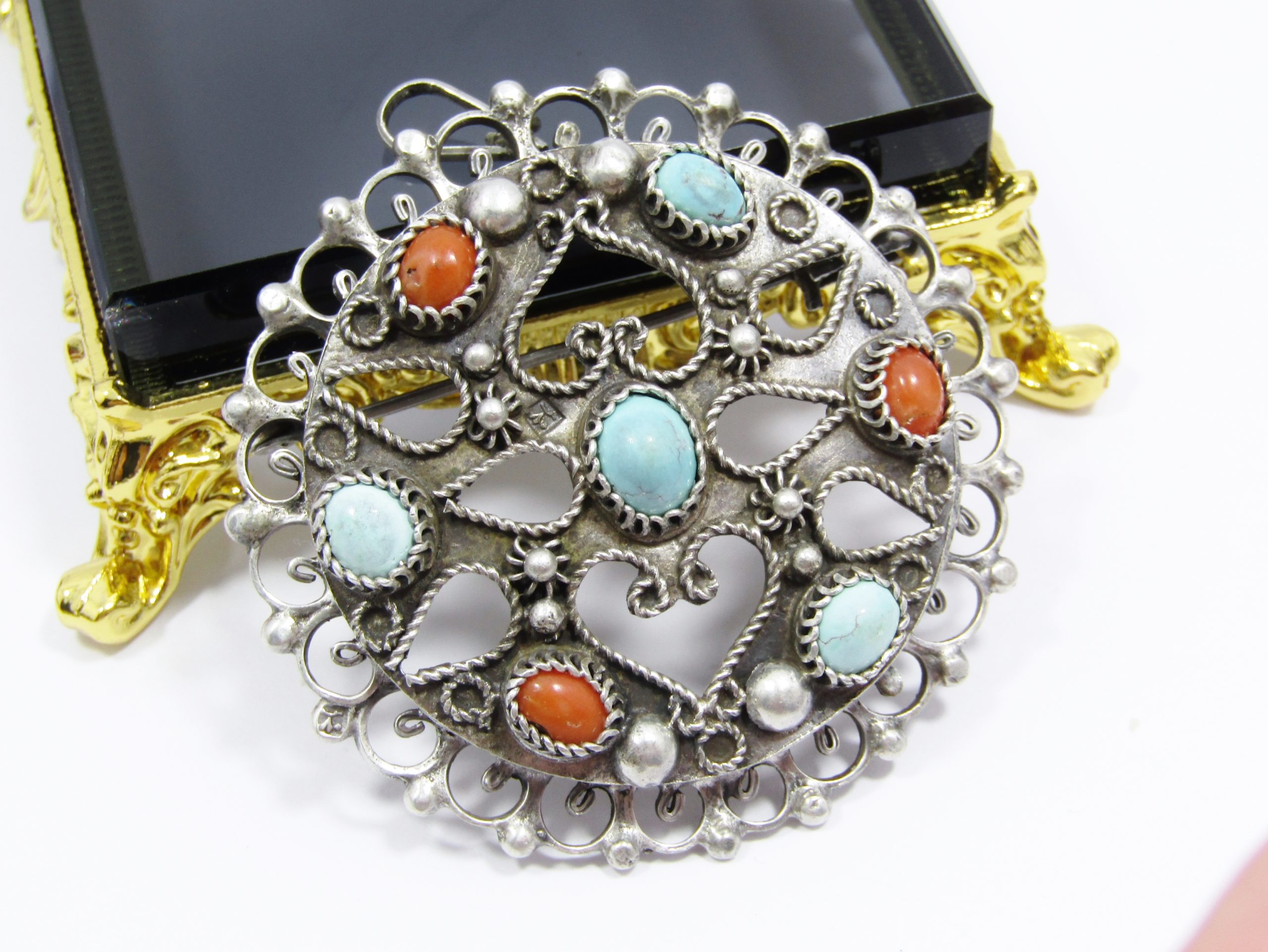 A Stunning Large Turquoise and Coral Brooch /Pendant In 800 Egyptian Silver