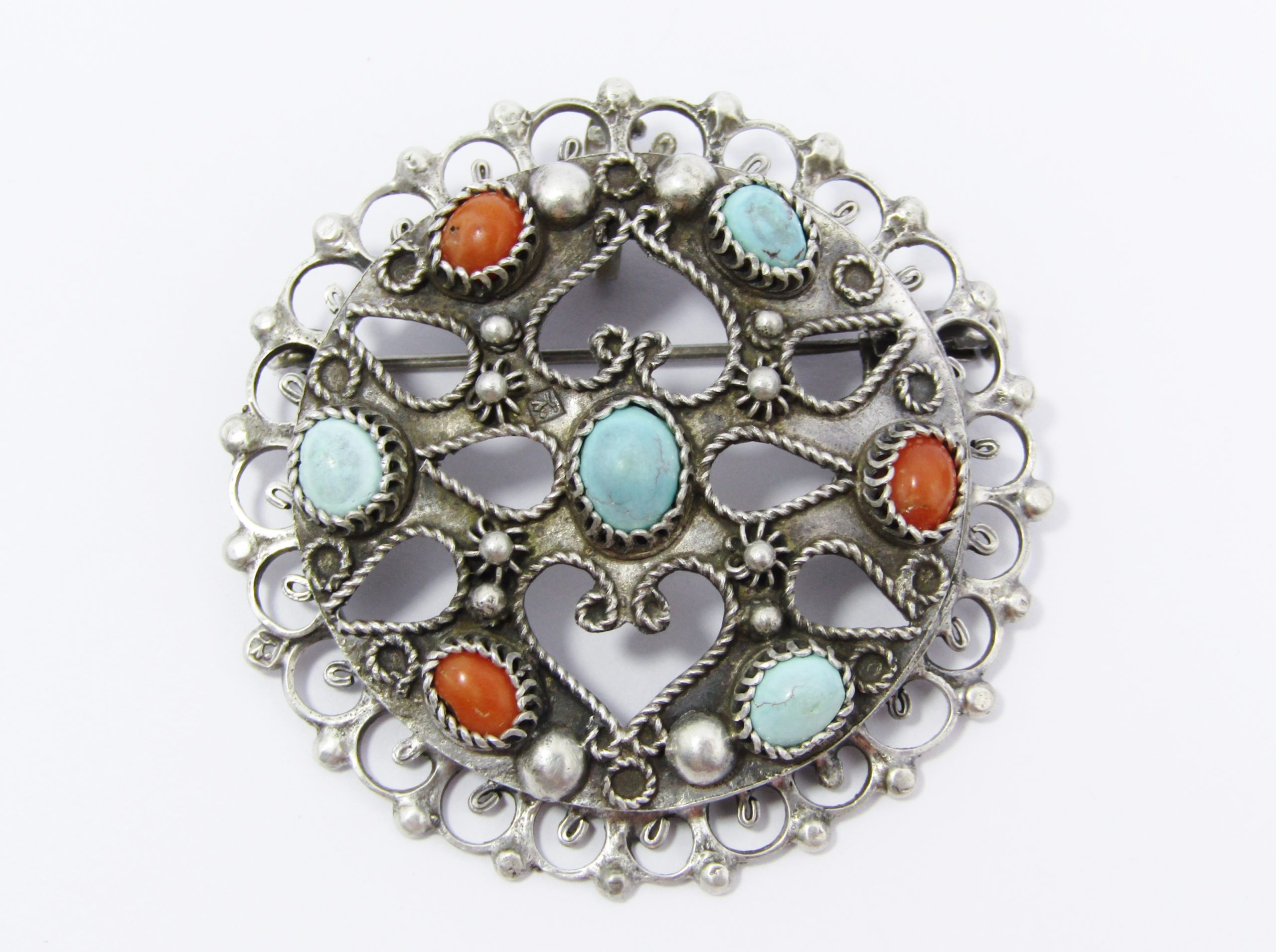 A Stunning Large Turquoise and Coral Brooch /Pendant In 800 Egyptian Silver