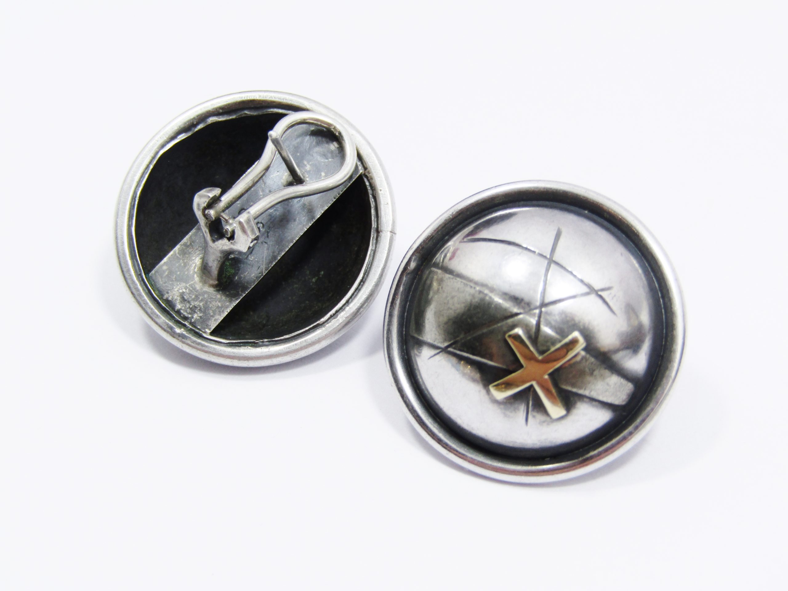 A Gorgeous Pair of Modernist Style Domed Stud Earrings With a Gold Cross inlay in 9ct Gold
