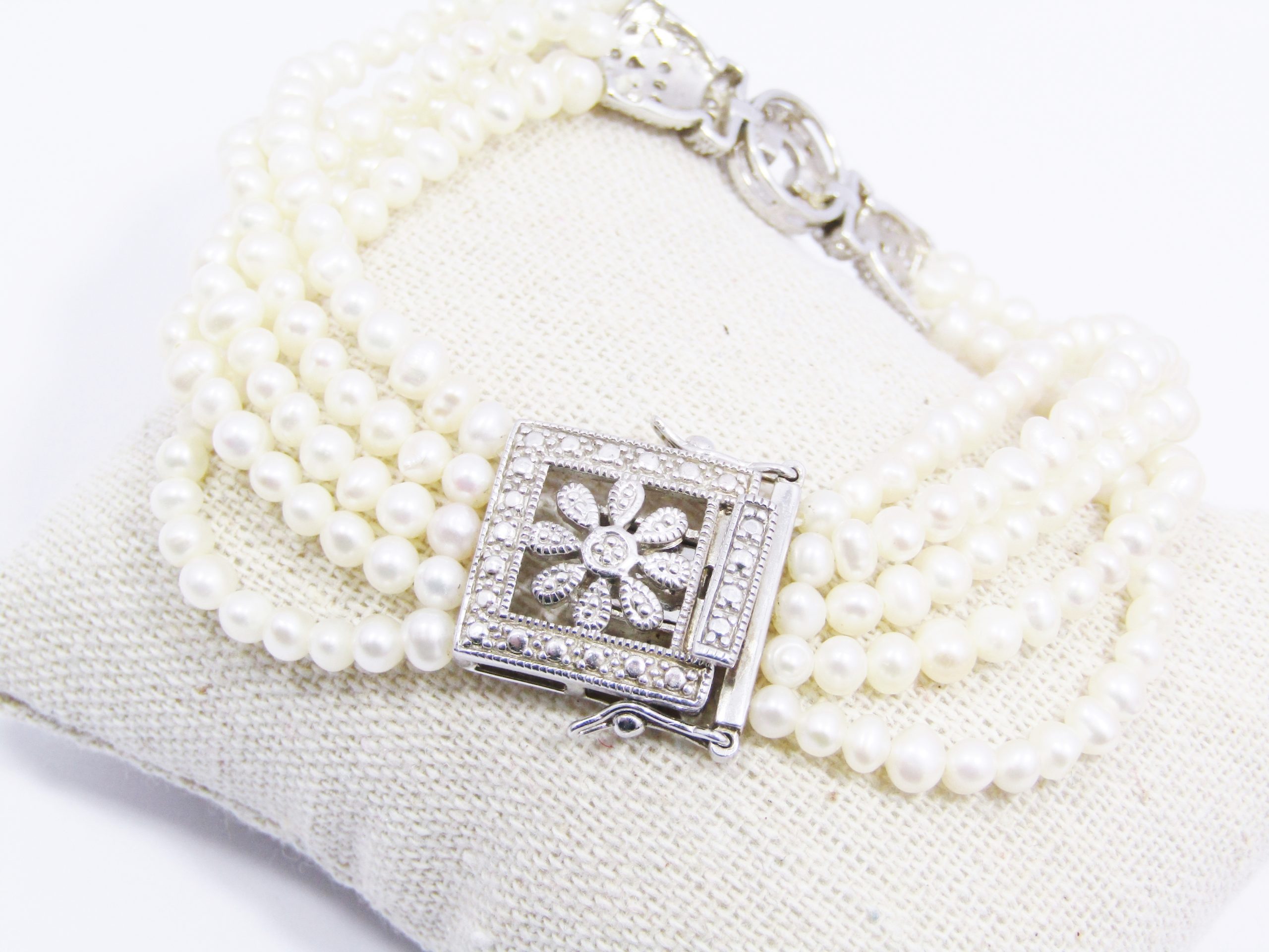 Multi Fresh Water Pearl Bracelet Encrusted with Tiny Crystals in Sterling Silver