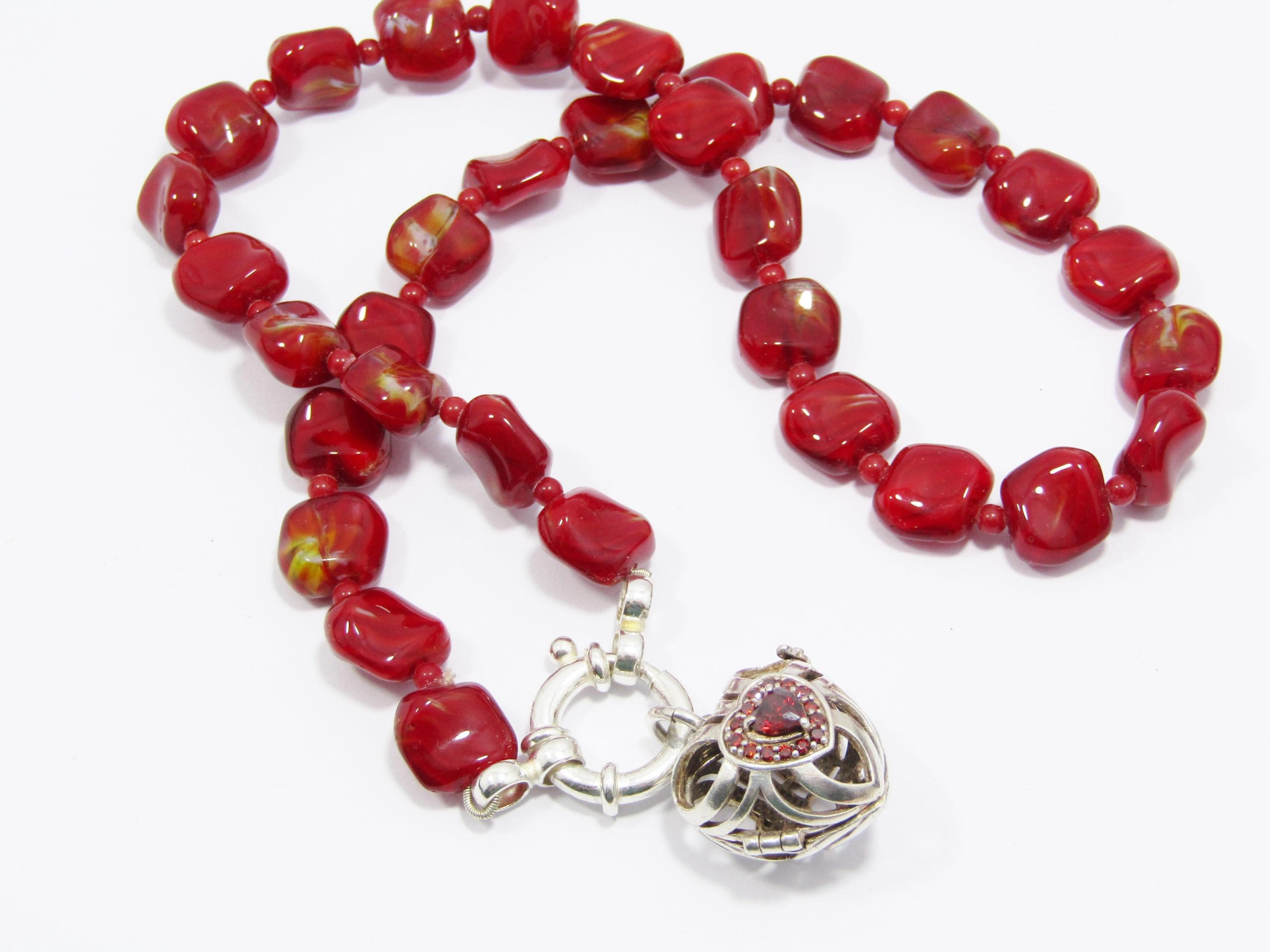 A Gorgeous Marbled Red Stone Necklace with a Puffy Heart a keepsake Locket in Sterling  Silver.