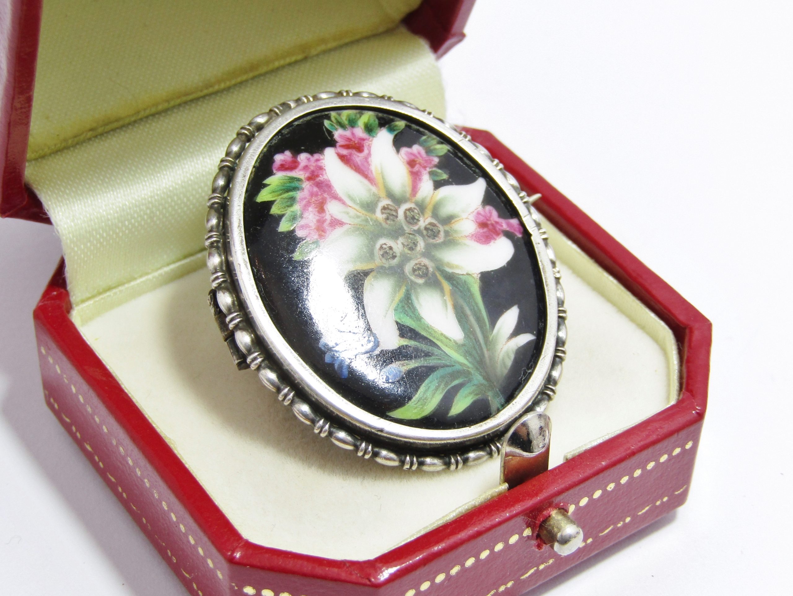 Rare find! Antique Hand-Painted Eidelweiss Flower Brooch