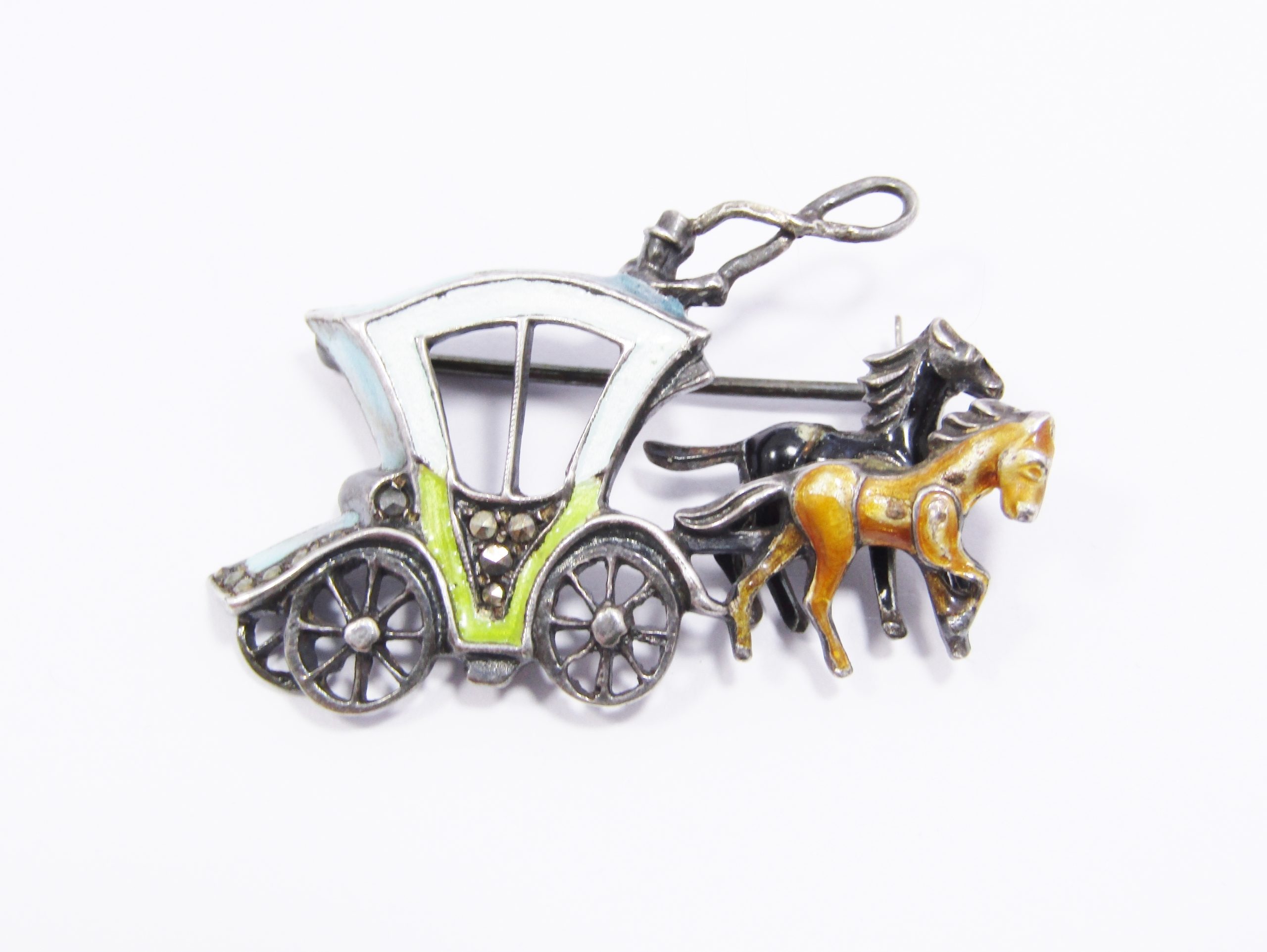 A Gorgeous and Oh so Beautiful Vintage Enamel Horse and Carriage Brooch in Sterling Silver