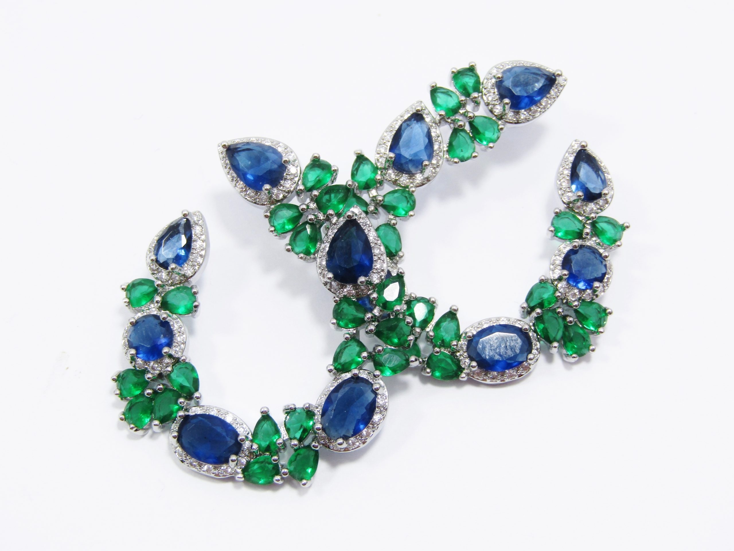 A Gorgeous Pair of Royal Blue and Green Silver Tone Garland Earrings