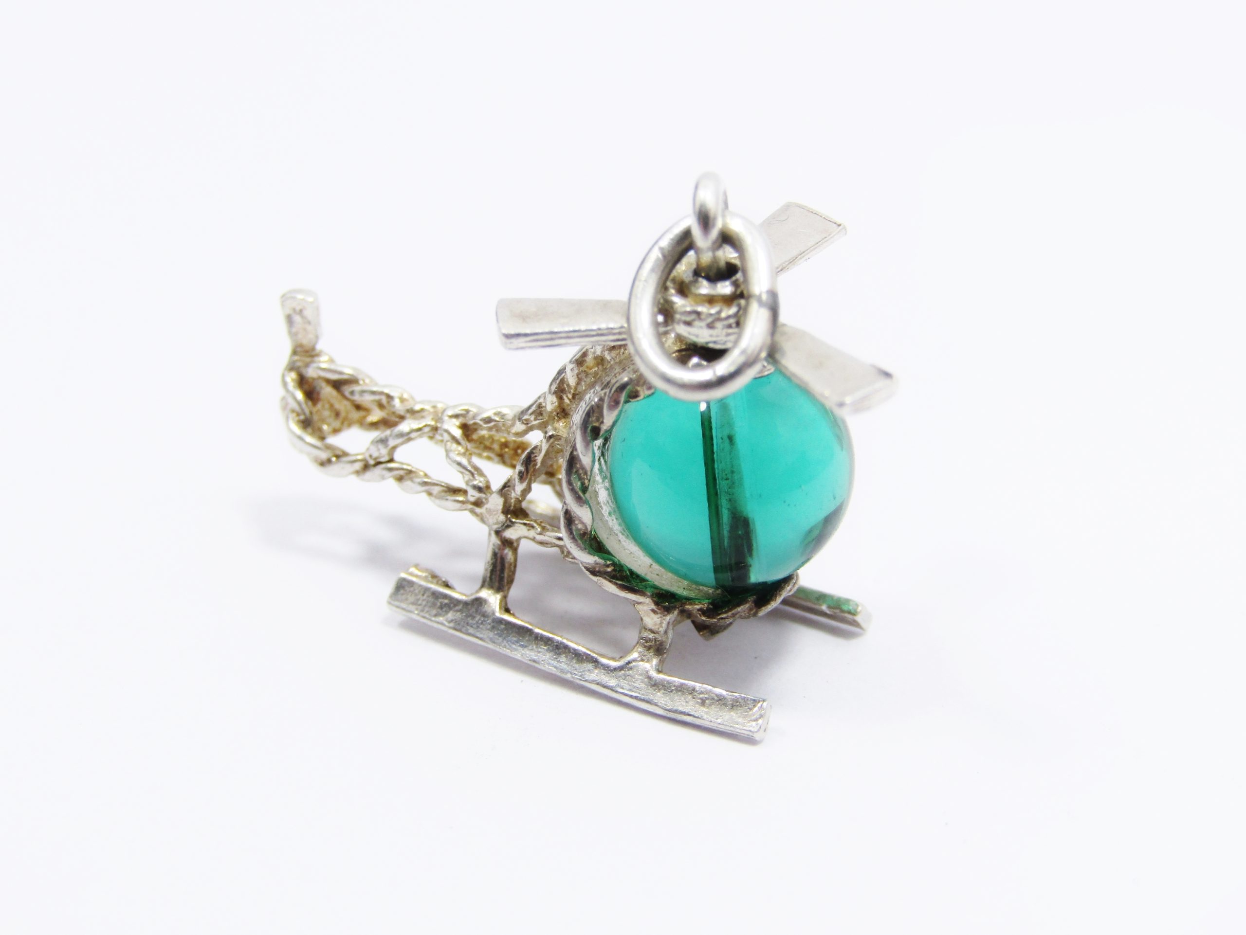 A Stunning Green Stone Helicopter Charm/ Pendant in Sterling Silver