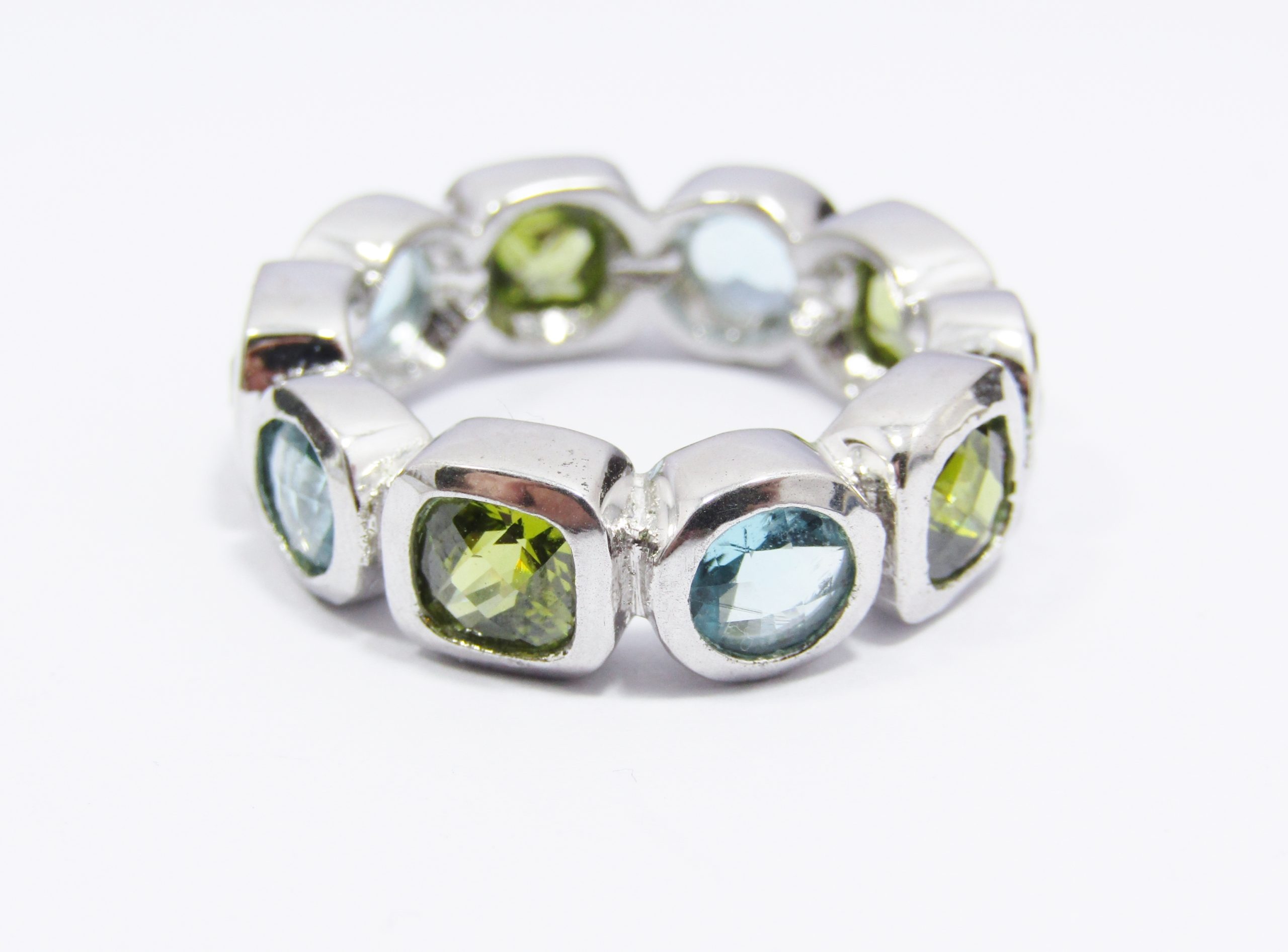 A Lovely Blue and Green  Color Zirconia Full Eternity Ring in a Silver Tone