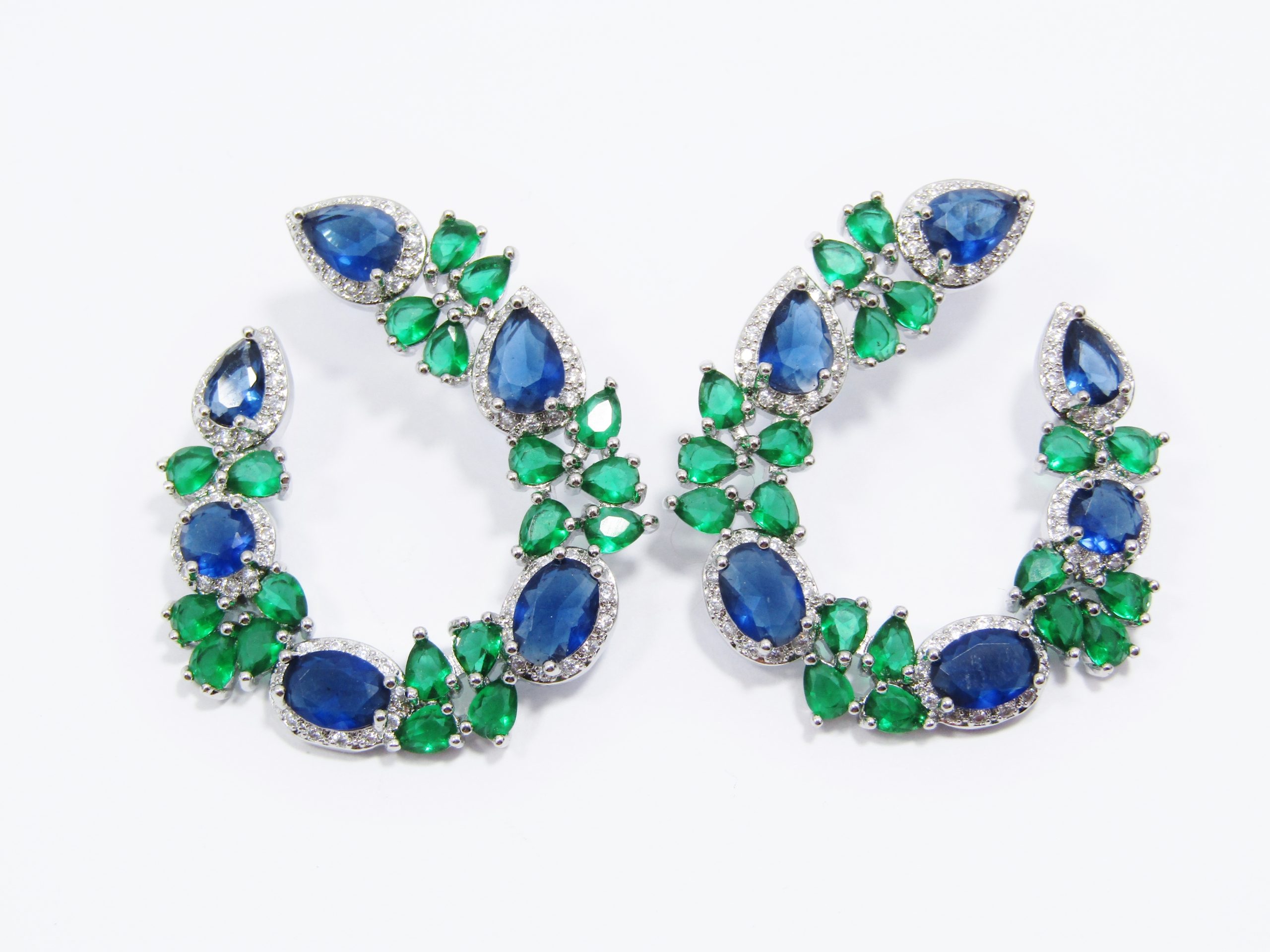 A Gorgeous Pair of Royal Blue and Green Silver Tone Garland Earrings