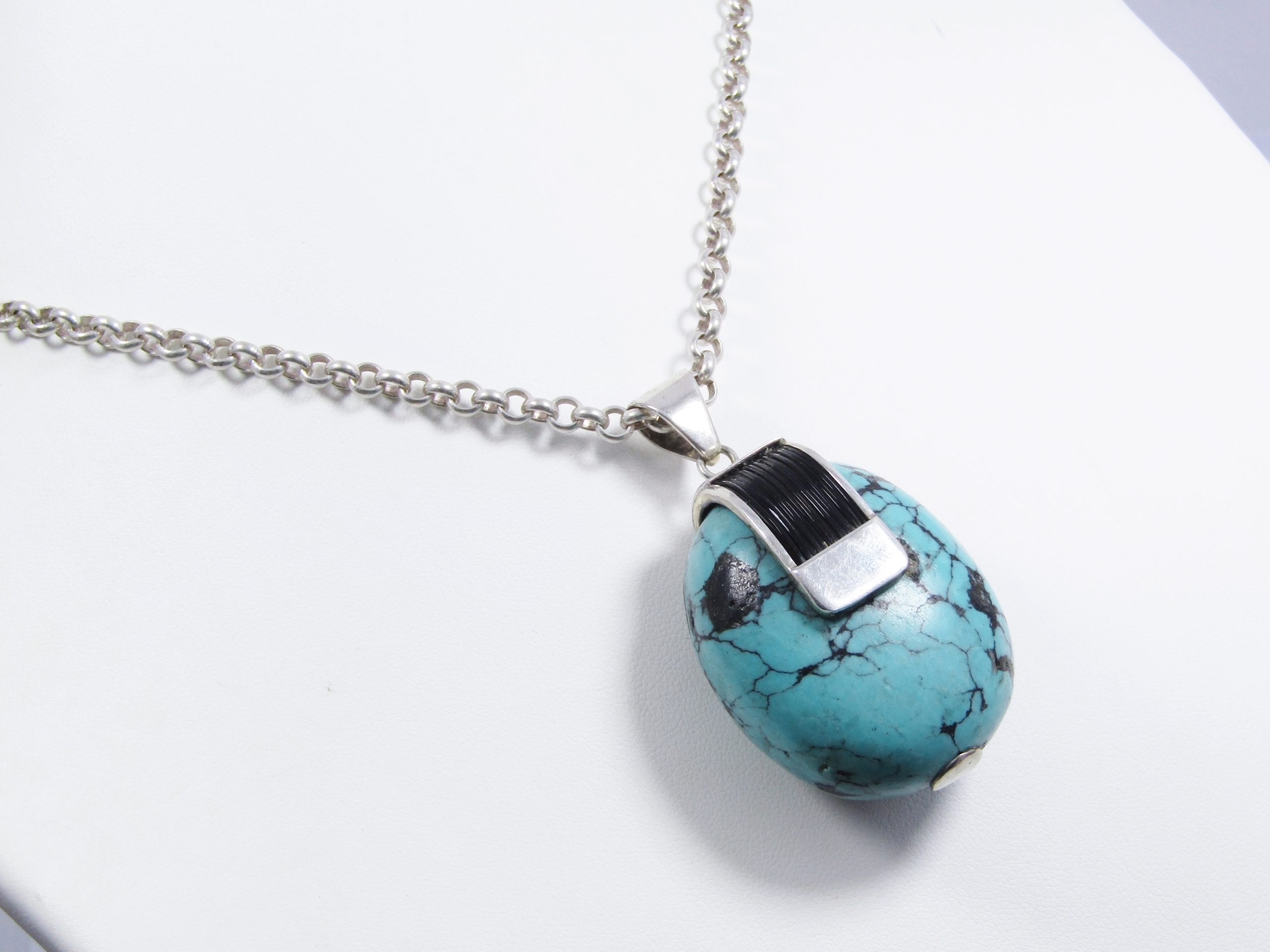 An Amazing Huge Turquoise Rock  Pendant With Elephant hair On Chain in Sterling Silver.