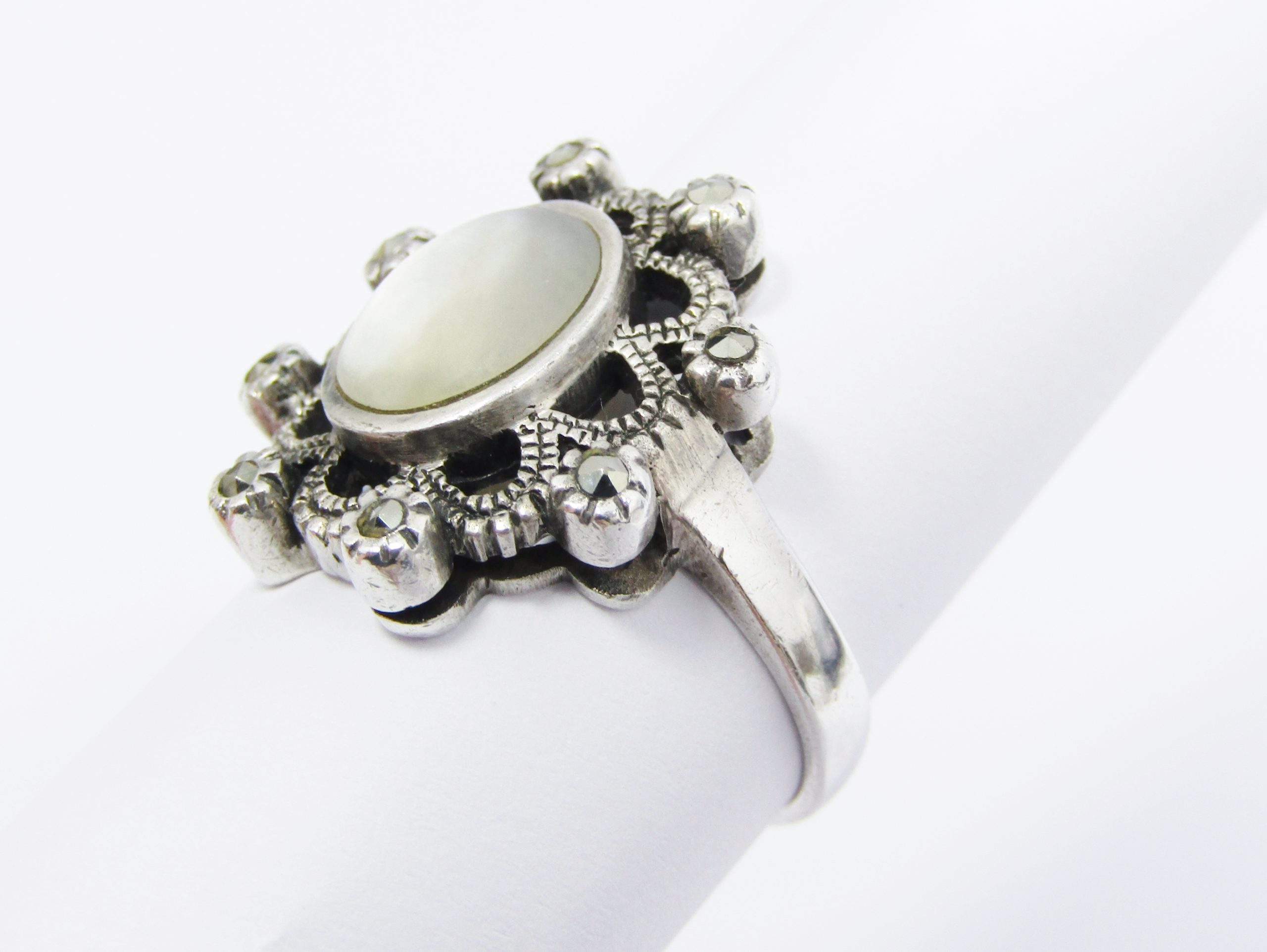 A Lovely Chunky Vintage Design Mother of Pearl ring set with Marcasite's in Sterling Silver