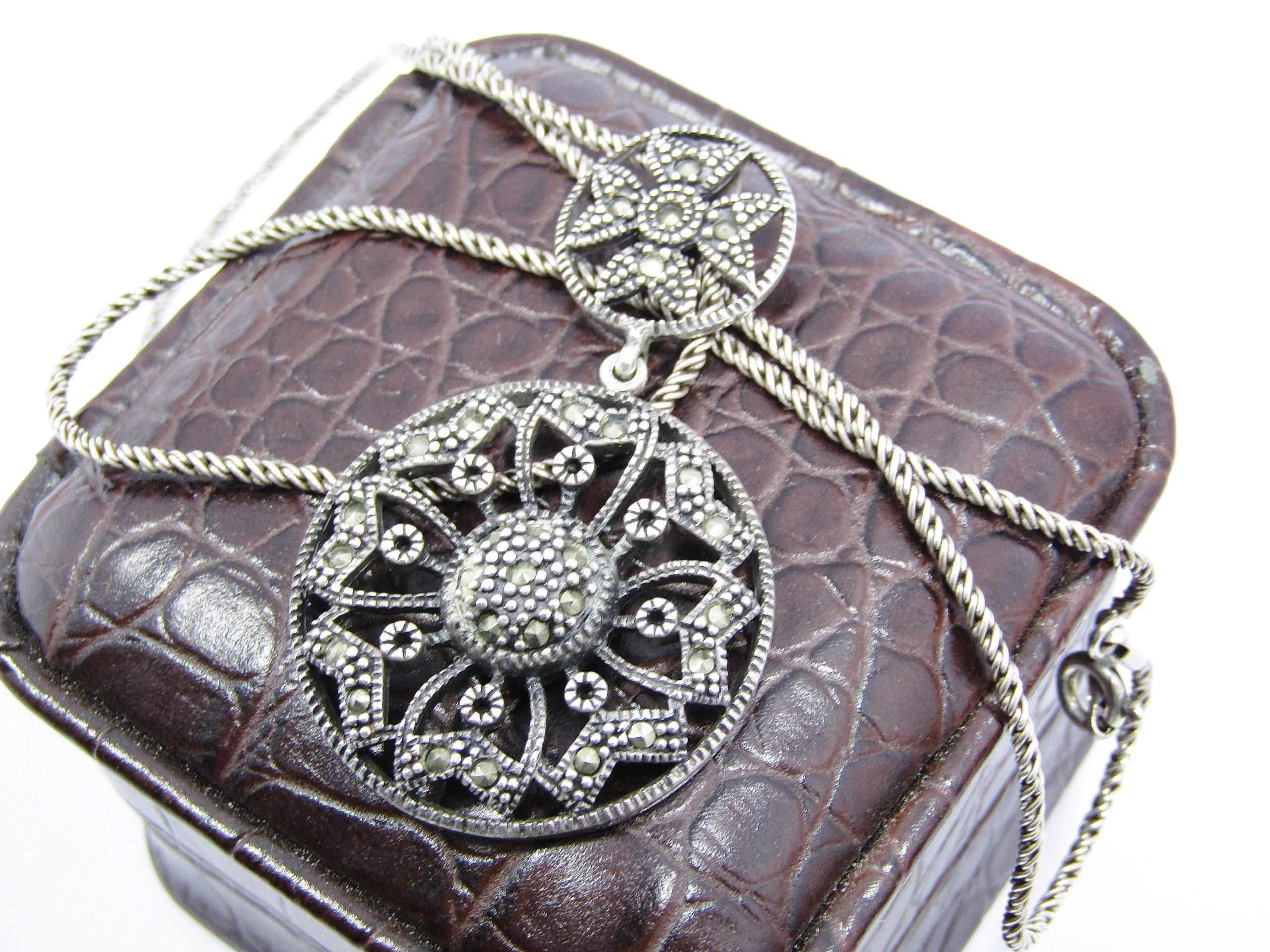 A Beautiful Round Marcasite Pendant on a Rope Design Chain in Sterling Silver