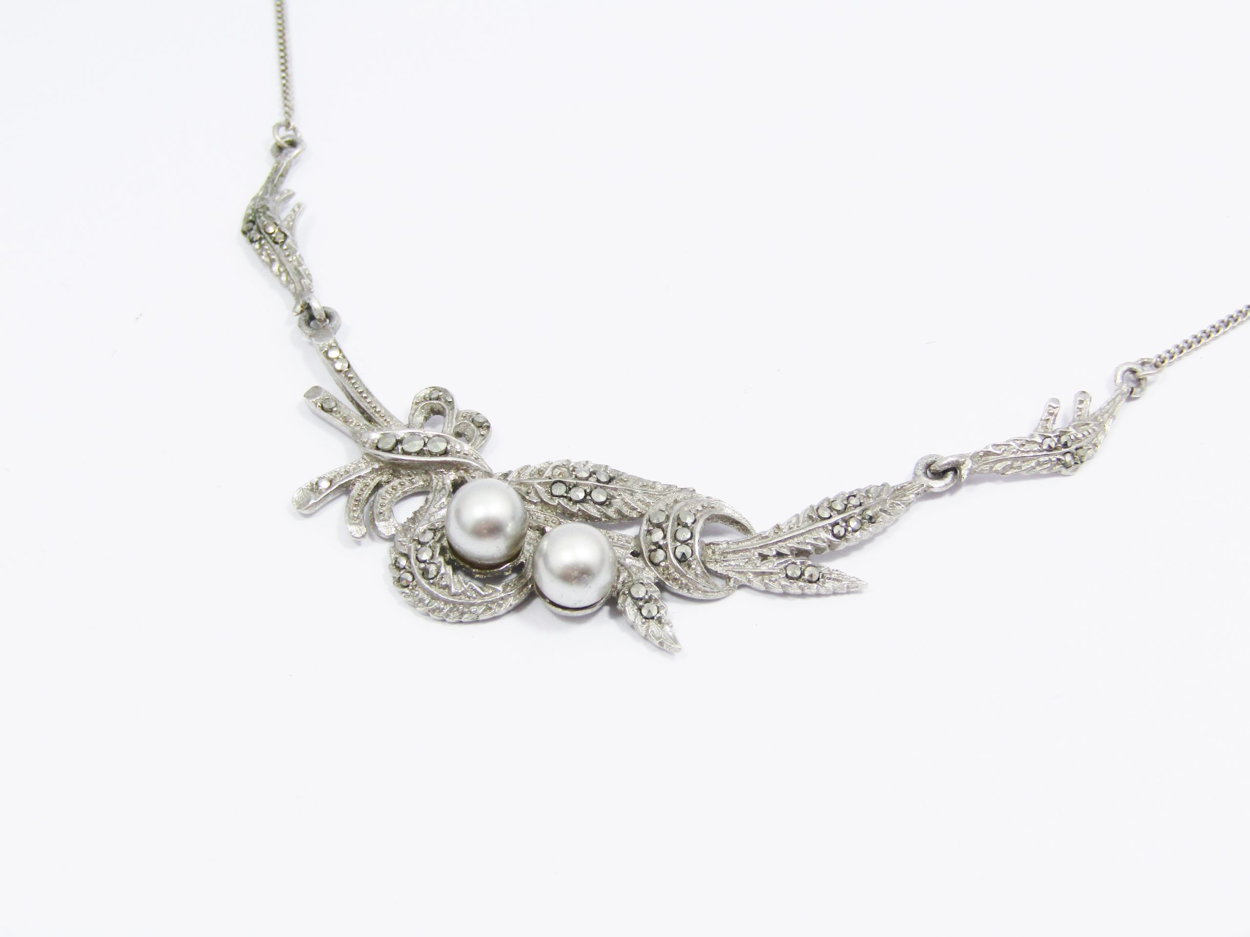 A Beautiful Vintage Design Marcasite and Faux Pearl Necklace in Sterling Silver