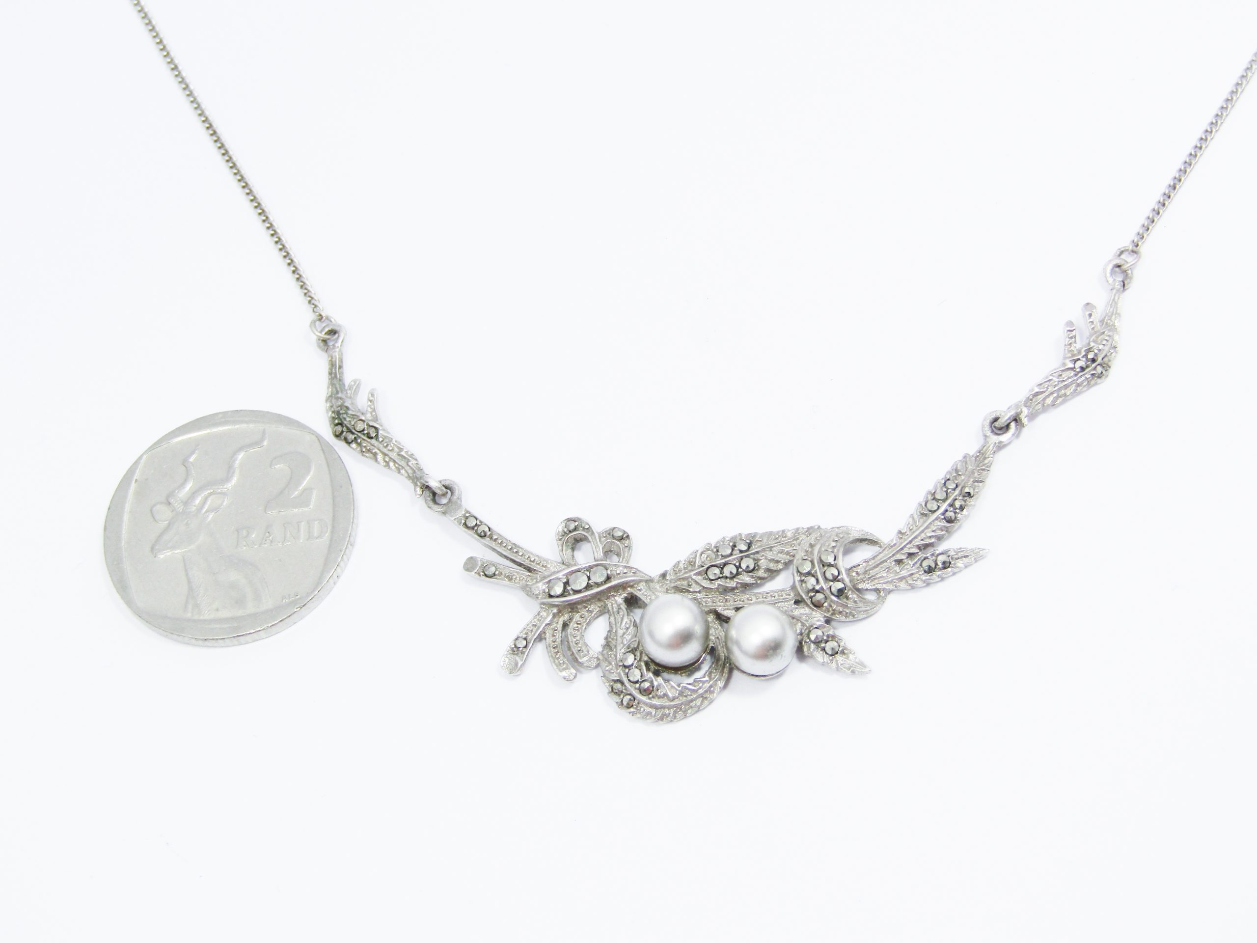 A Beautiful Vintage Design Marcasite and Faux Pearl Necklace in Sterling Silver