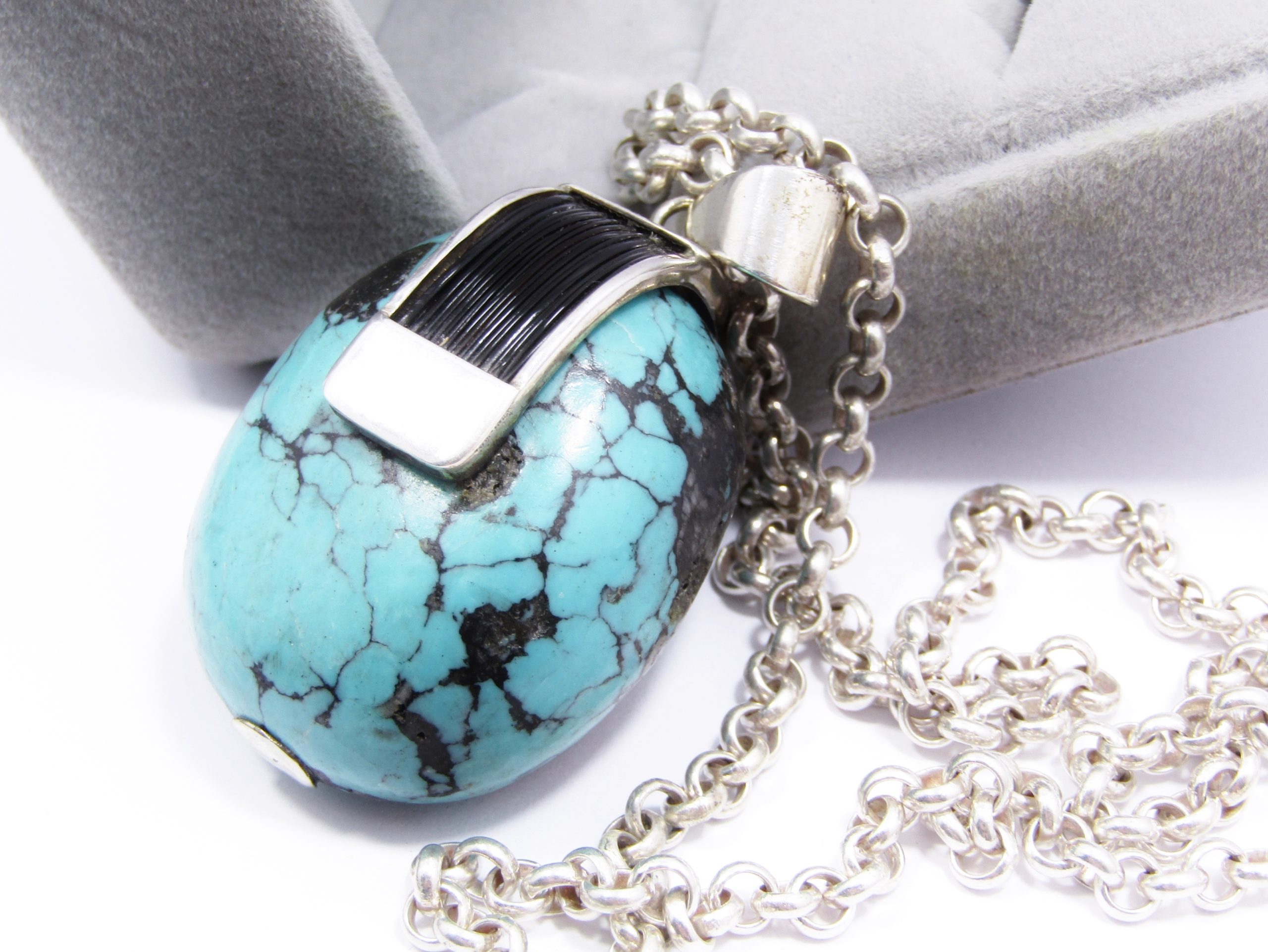 An Amazing Huge Turquoise Rock  Pendant With Elephant hair On Chain in Sterling Silver.