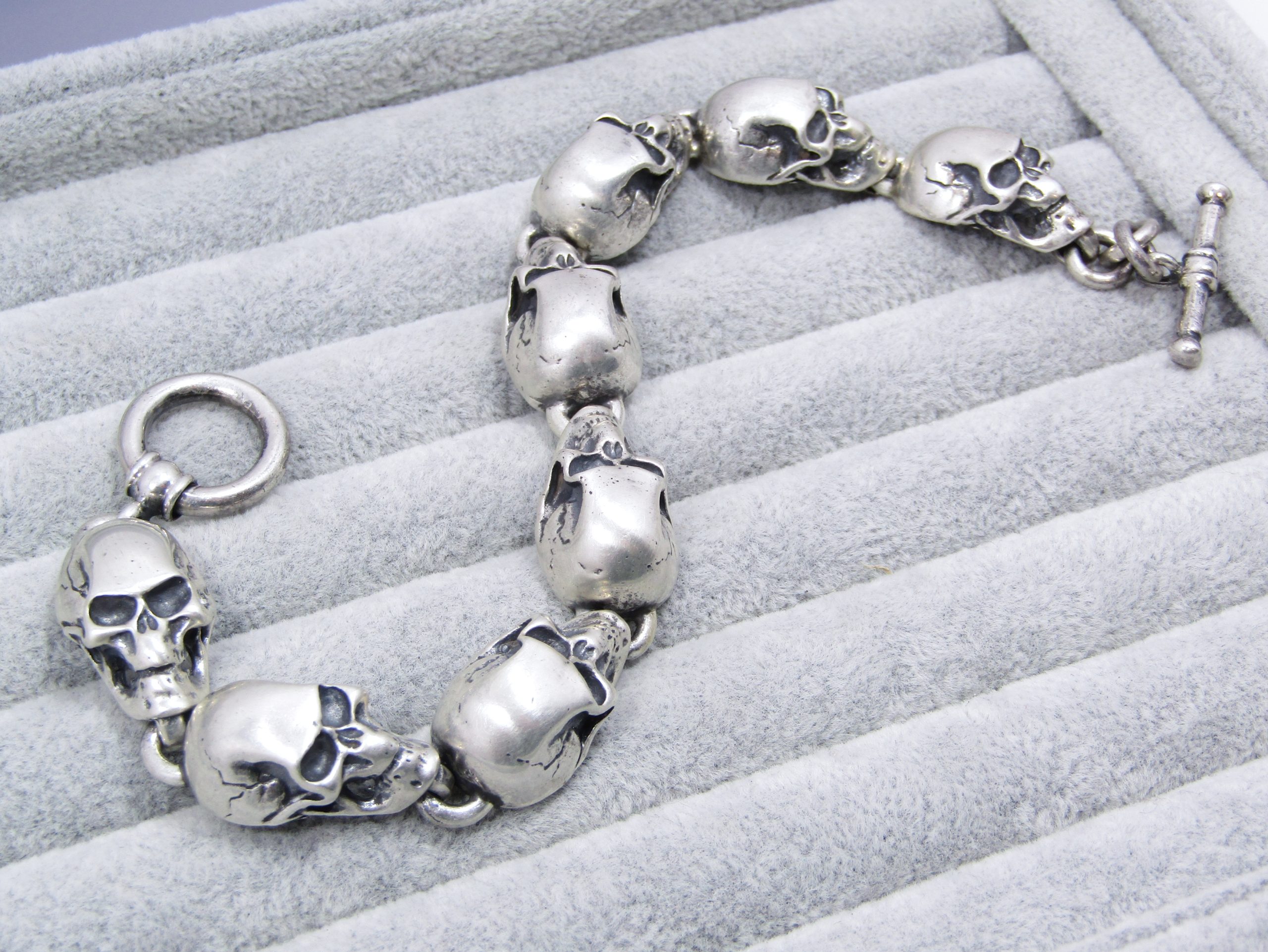 Stunning! Chunky Long Sterling Silver Skull Bracelet