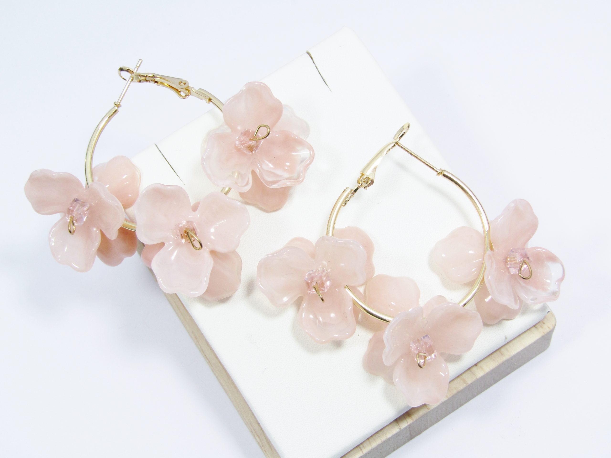 Gorgeous and oh so different Gold Tone Large Hoop Earrings with Pink Acrylic Flowers