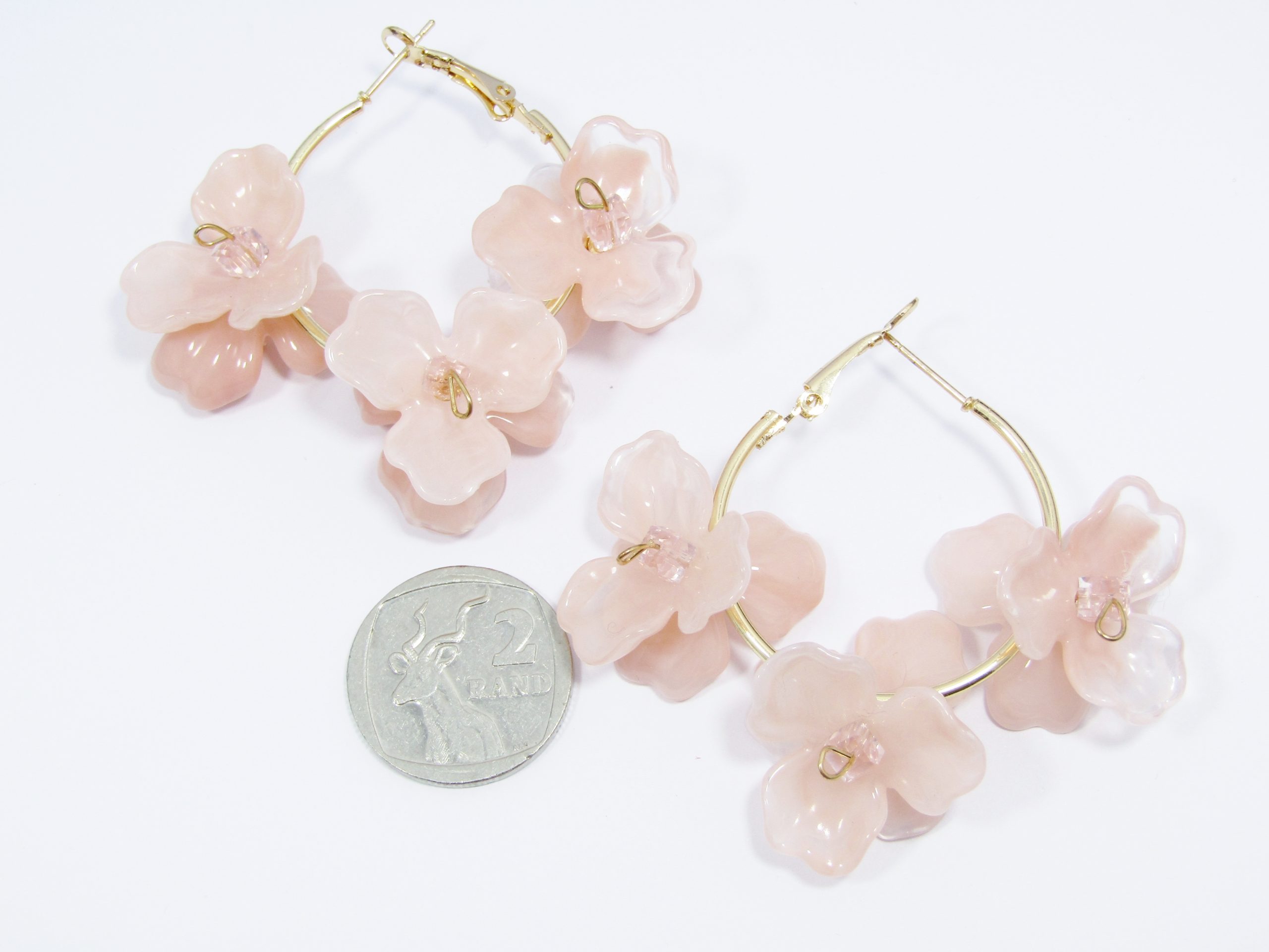 Gorgeous and oh so different Gold Tone Large Hoop Earrings with Pink Acrylic Flowers