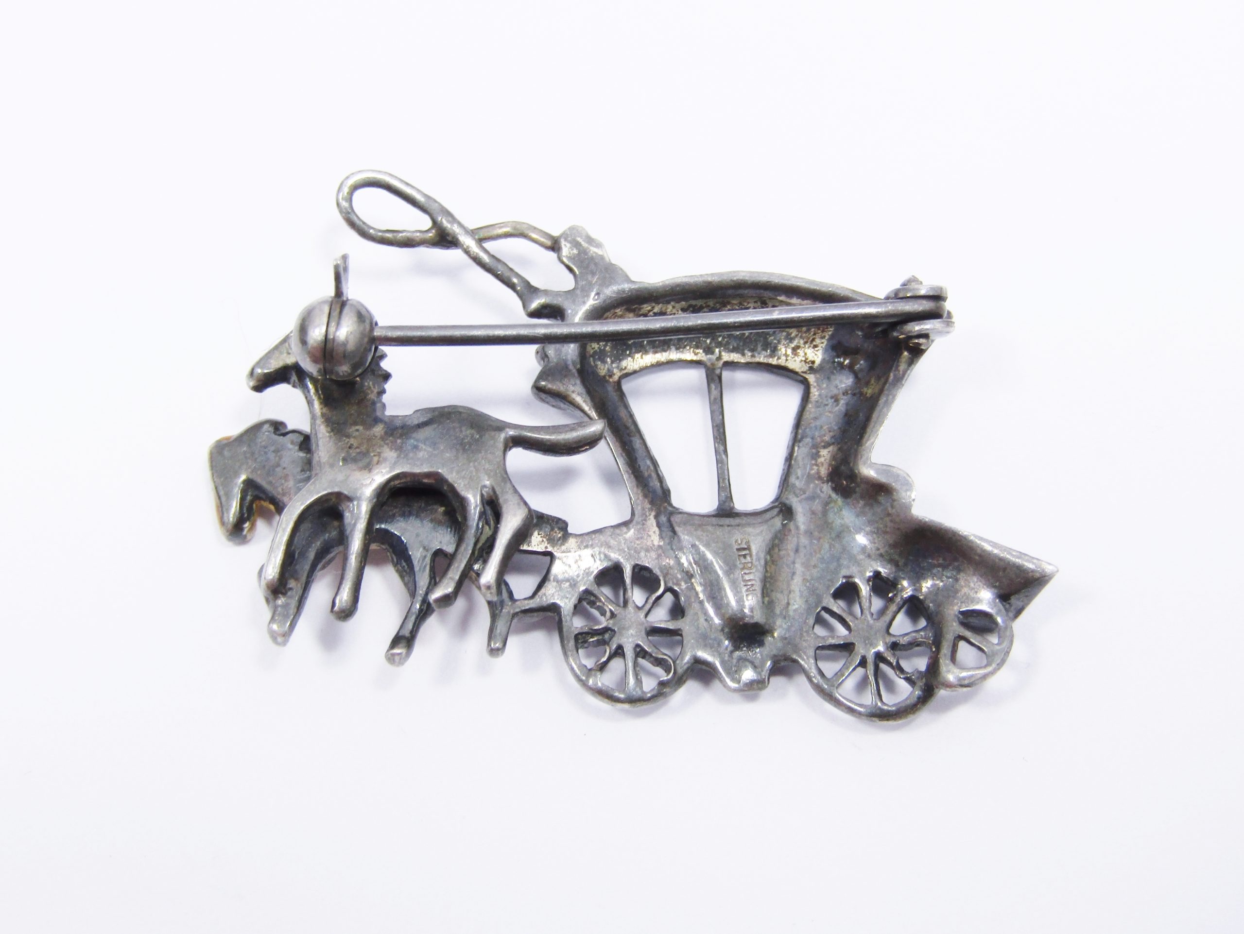 A Gorgeous and Oh so Beautiful Vintage Enamel Horse and Carriage Brooch in Sterling Silver